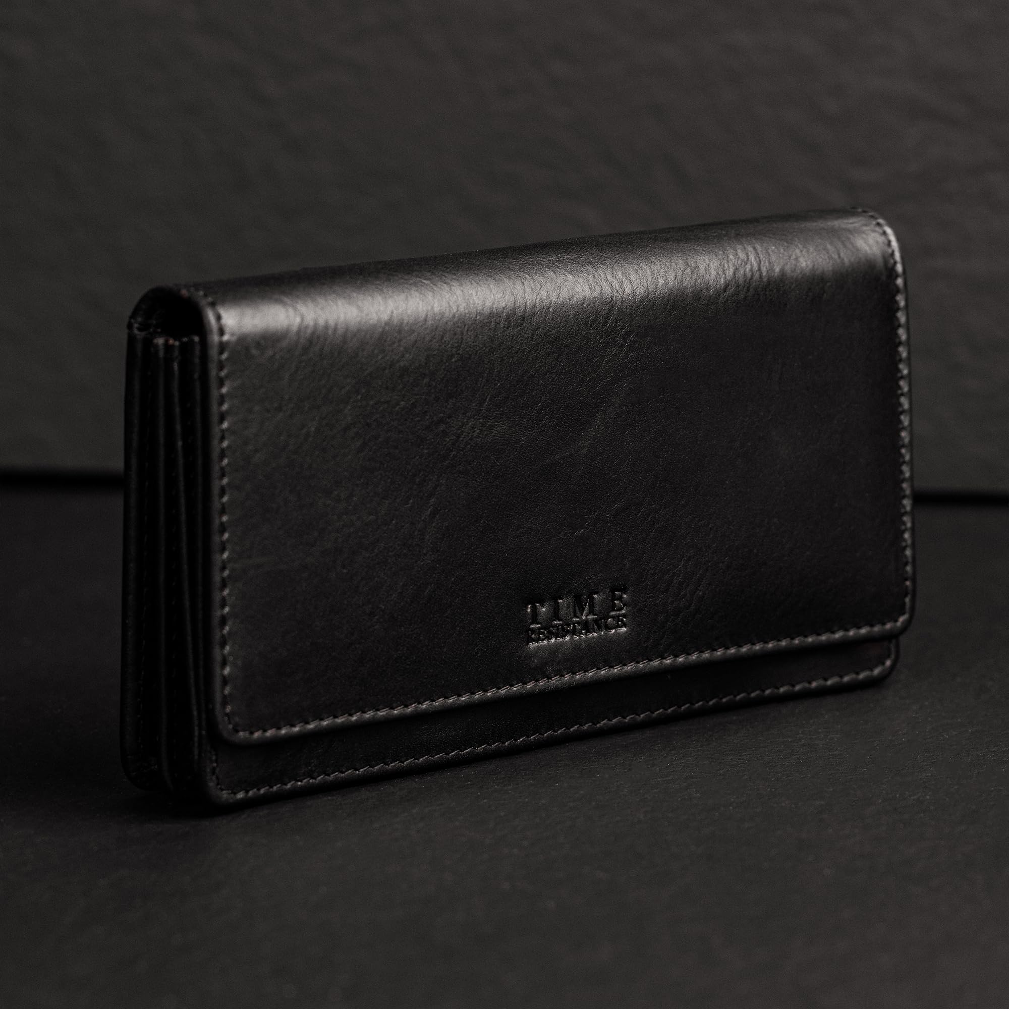 Time Resistance Cartera Larga de Cuero – Cartera Continental para Tarjetas de Crédito y Efectivo – Porta Dinero Minimalista Hecho a Mano en Italia (Negro)