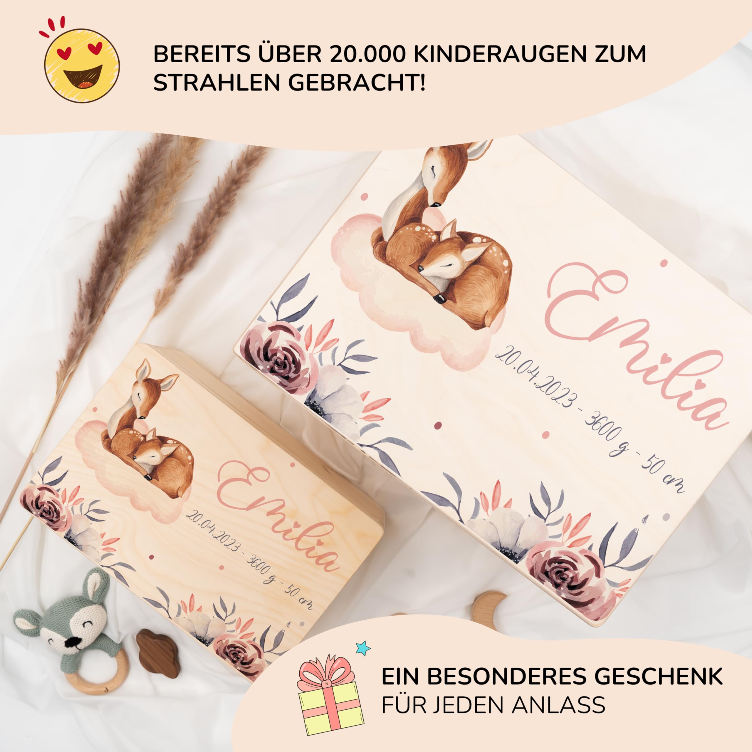 KIDSMOOD - Erinnerungsbox Baby, personalisierte Holzkiste mit Deckel, Ideal zur Aufbewahrung von Erinnerungen und als Geschenk zur Geburt, Taufe oder als Geburtstagsgeschenk für Mädchen und Jungen