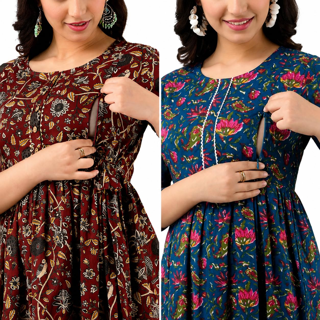 Printed Cotton Anarkali Maternity Kurti with Nursing Zip, 3/4 Sleeves, Pack of 2-picture-41