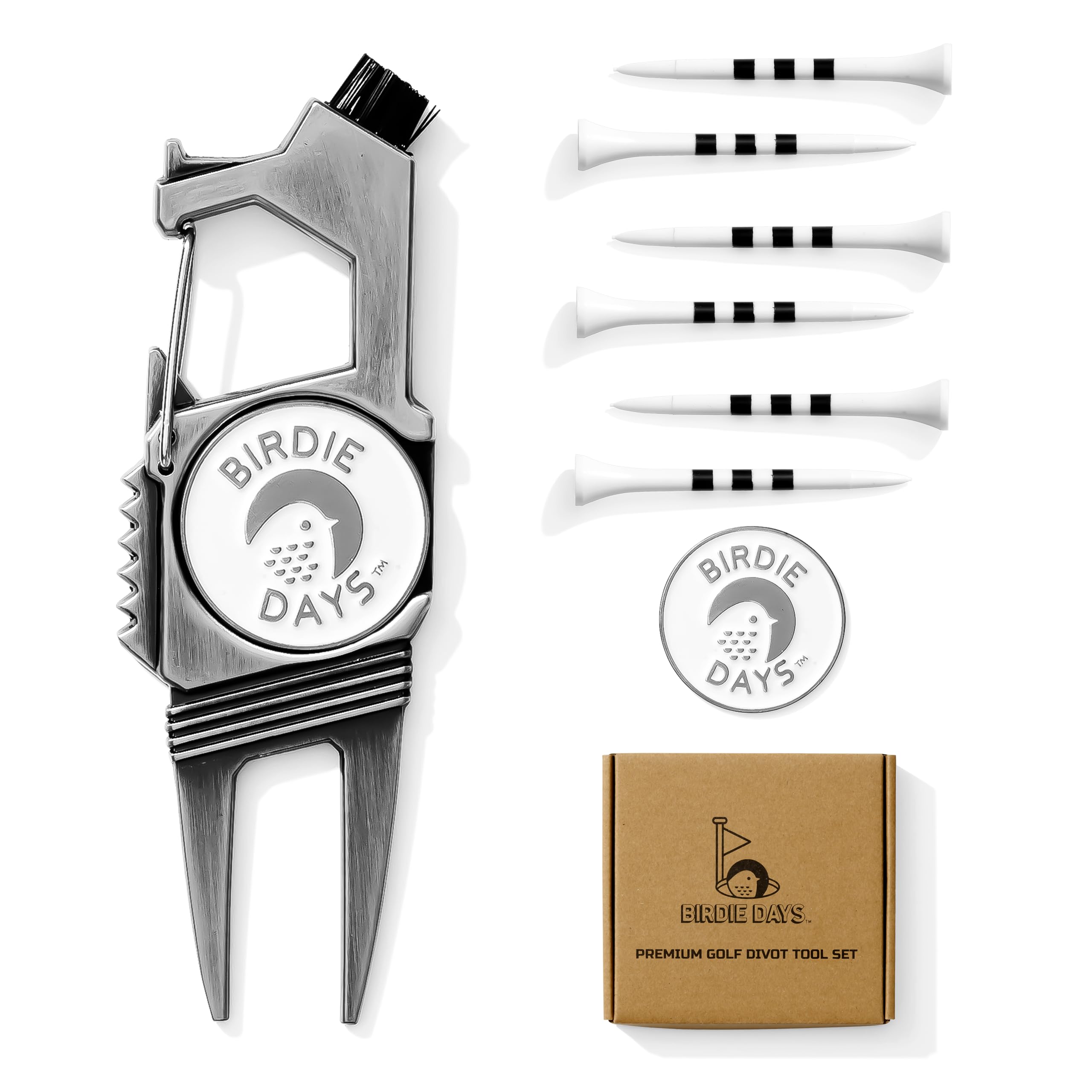 Golfballmarkierer und Pitchgabel Set | Antik Silber Finish | 2 Marker und 1 Pitchgabel | 7-in-1 Werkzeug mit Flaschenöffner | Rillenbürstenreiniger | Magnetischer Markierhalter
