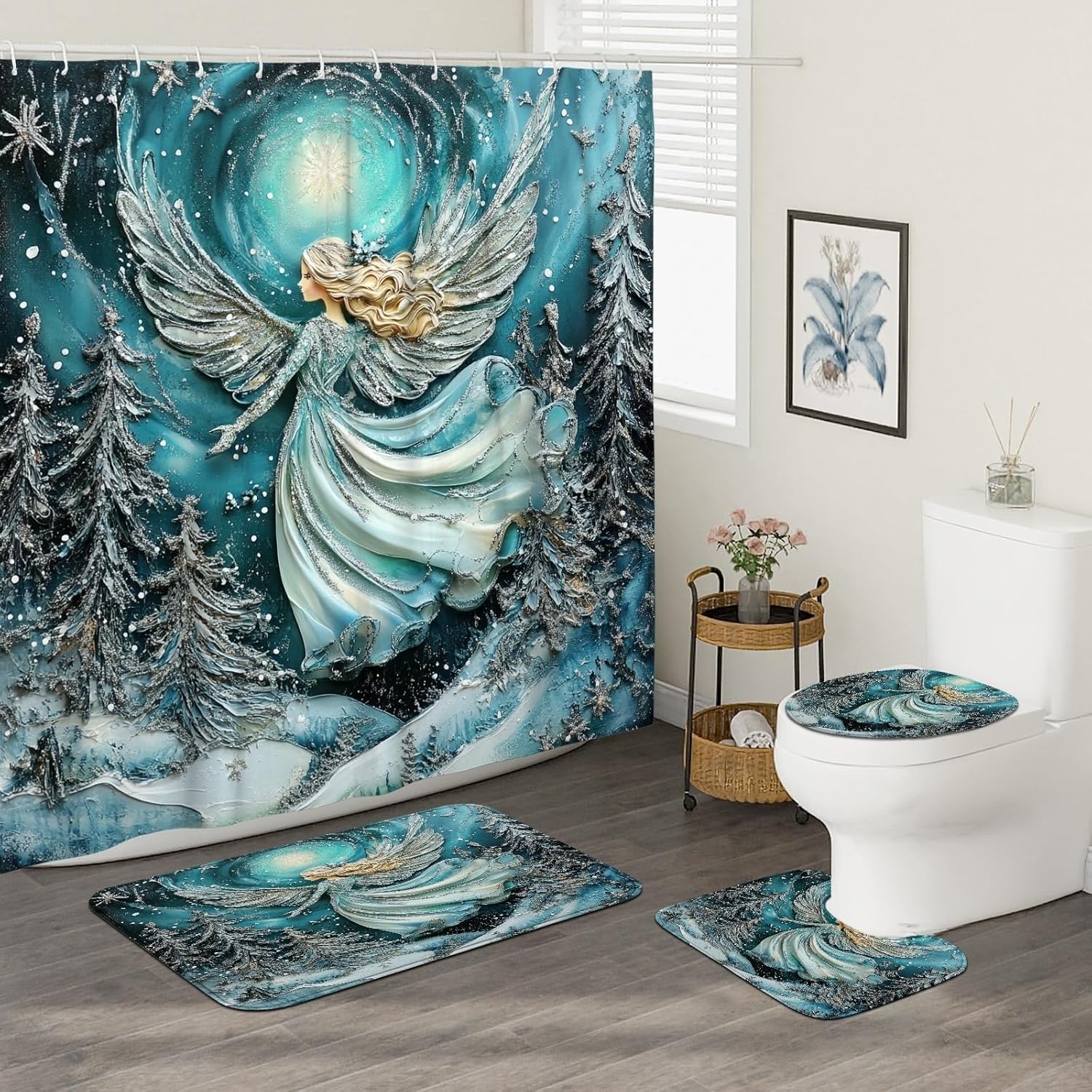 4PCS Whimsical Christmas Angel Bathroom Sets, Bath with Non-Slip Rug, U Shape Toilet Lid Cover Mat, Magic Xmas Snow Winter Bathroom Decor-72''x72''
