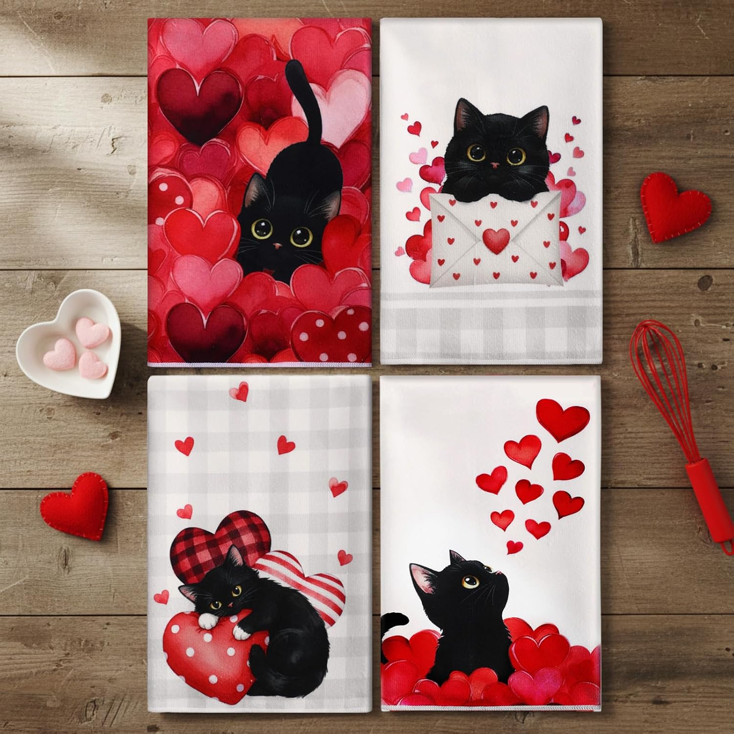 4 Pcs Cats Valentine's Day Kitchen Towels - Black Cat Red Heart Dish Hand Towels Valentines Day Bathroom Decor for Kitchen Anniversary Home Decorations Couple Gifts 26 x 17 Inch - Image 4