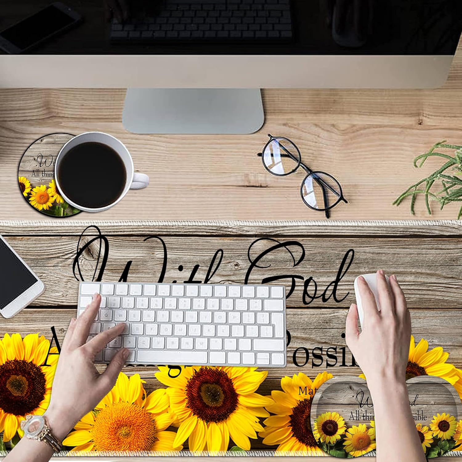 Large Game Mouse Pad + Wrist Support Pad + Coffee Coaster, Sunflower Quote Matthew 19:26 Foldable Table Mat with Stitched Edge, Non-Slip Set Pad Suitable for Office Work and Home