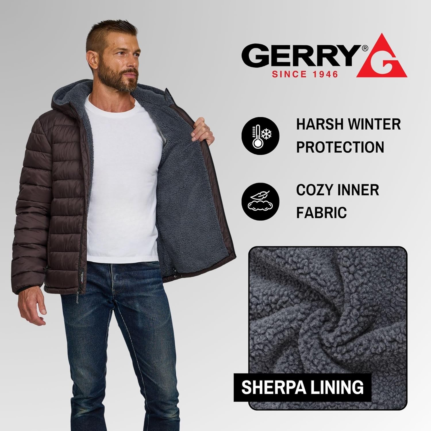Gerry Puffer Jacket Men with Sherpa Lining and Hood – Warm Winter Coat for Men, Quilted Insulated Snow Jacket Outerwear - Image 5