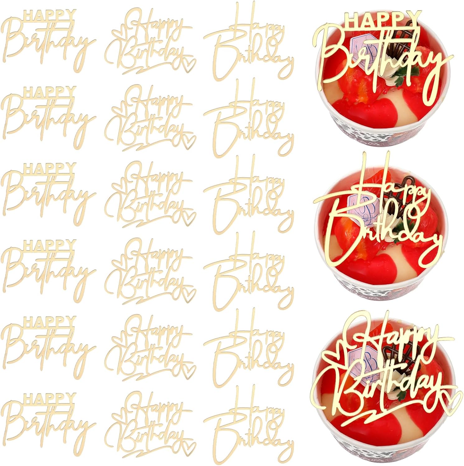 18 Pcs Happy Birthday Cake Topper Gold Mirror Acrylic Cupcake Topper Happy Birthday Sign Gold Inserts Cakes Decorating Supplies Glitter Side Golden Cakes Toppers for Birthdays Party Cake Dessert