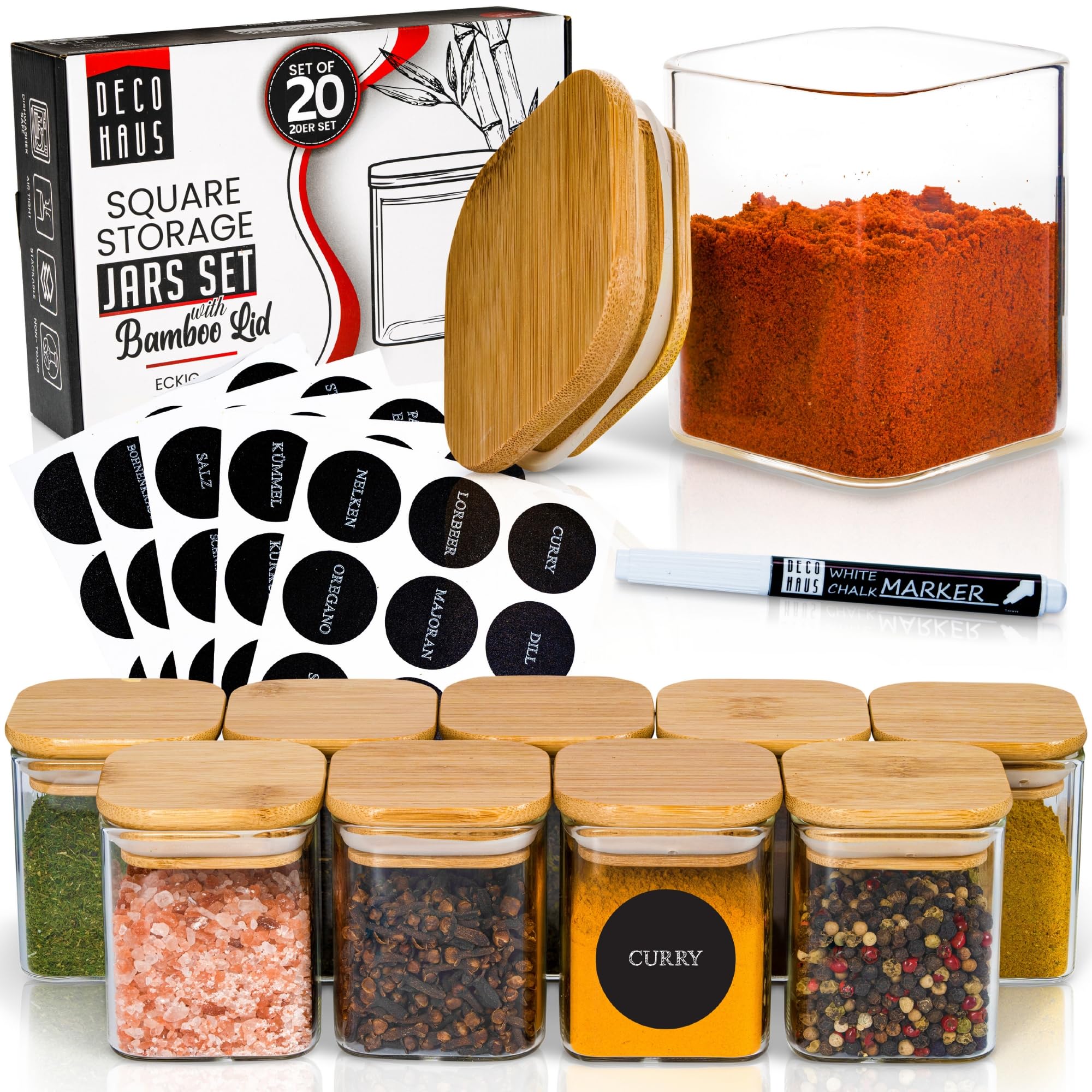 Deco Haus® zestaw 20 Pojemników na Przyprawy [+ ETYKIETY] 160ml - Pojemniki na Przyprawy z Drewnianą Pokrywką - Zestaw do Przechowywania
