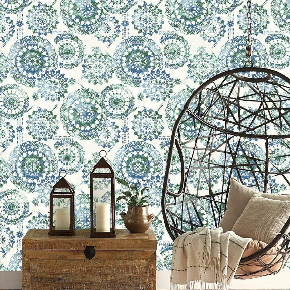 RoomMates RMK11726WP Blue and Green Bohemian Medallion Peel and Stick Wallpaper, Roll, Blue/Green