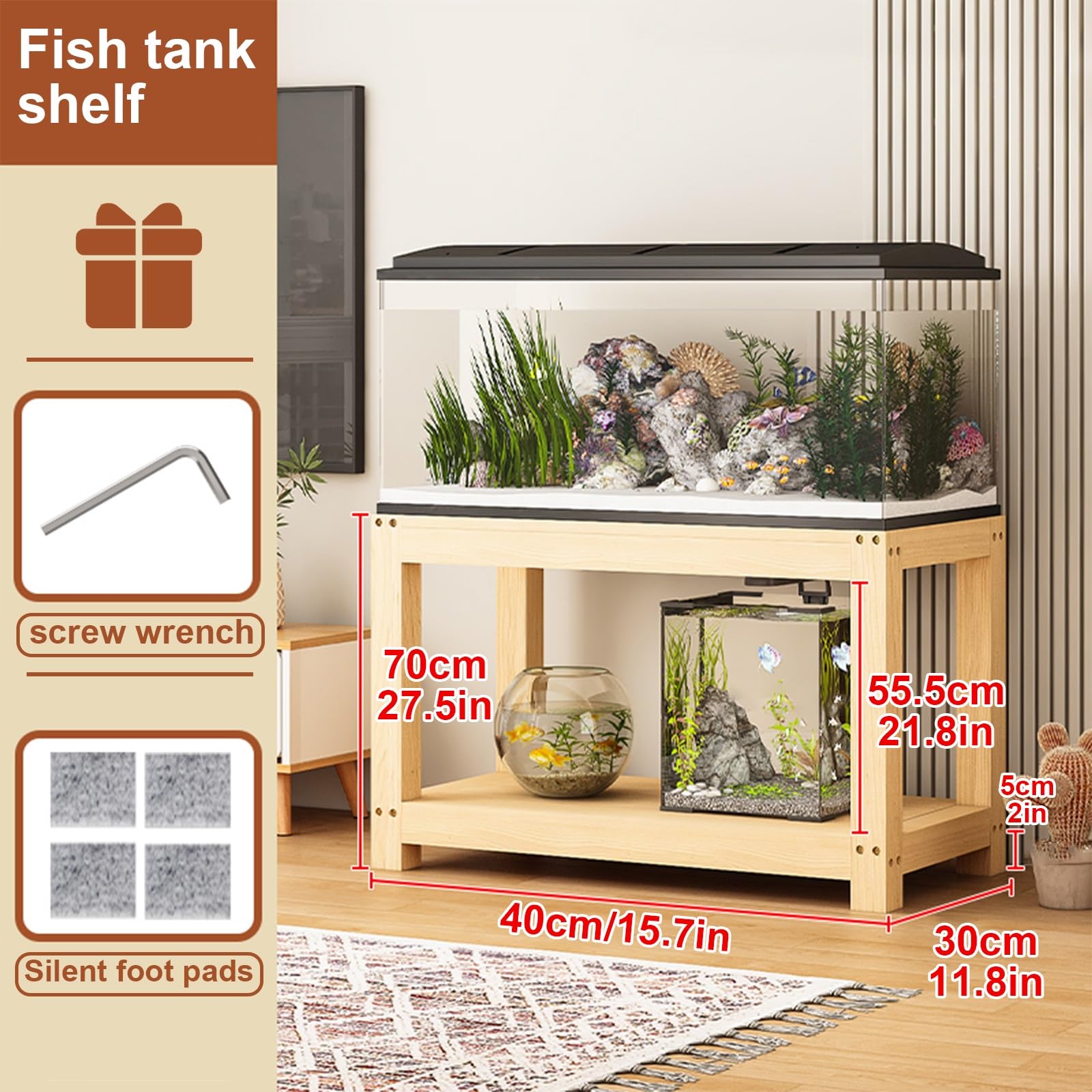 Soporte de Acuario de Madera Maciza, Mueble de Acuario Resistente con Estantería, Mesa de Acuario de Oficina for Tanque de Tortugas, Terrario de Reptiles(40x30cm/15.7x11.8in)