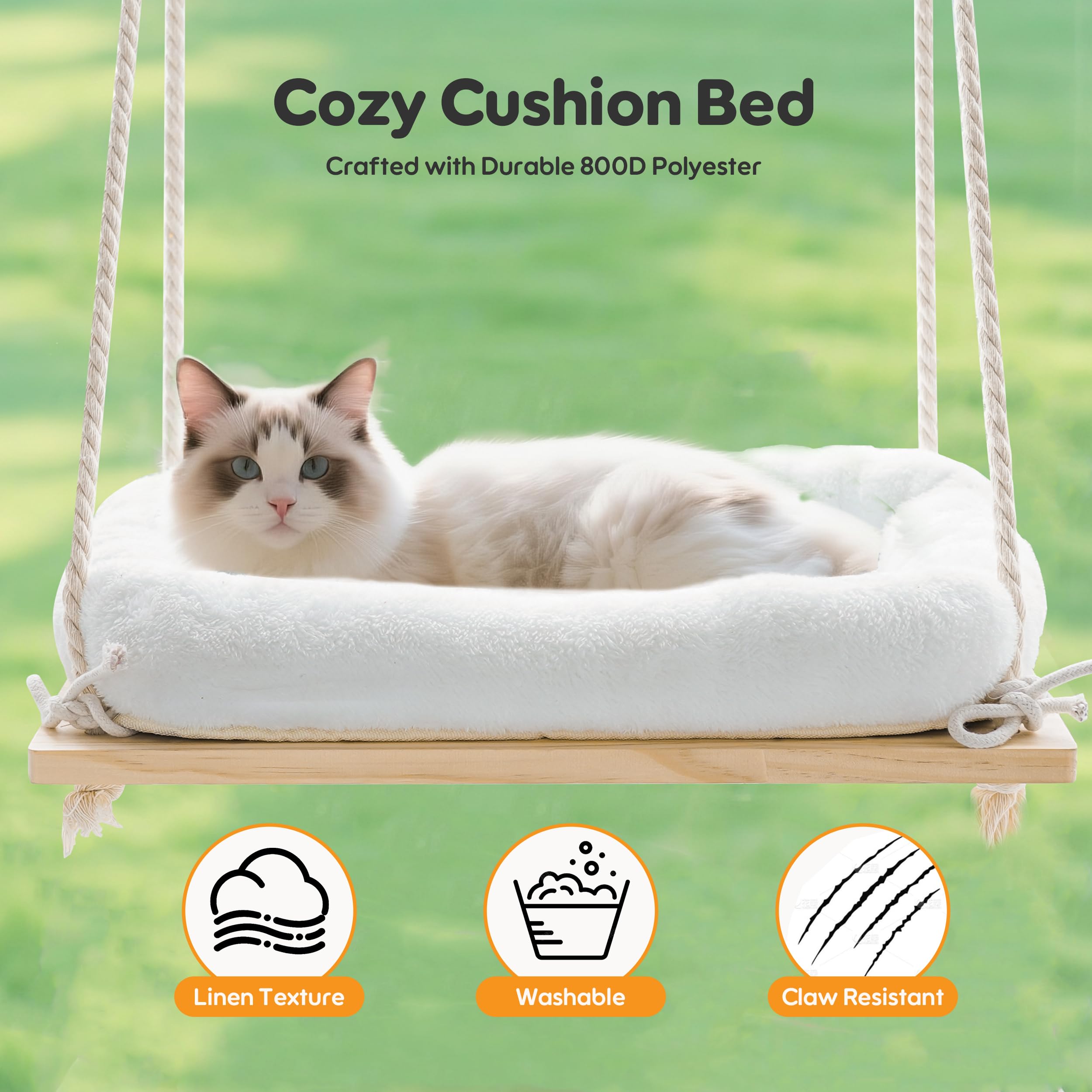 Cat Window Perch, Rustic Cat Hammock Bed with Solid Wood Seat 4 Heavy Duty Suction Cups, Plush Cushion, Indoor Pet Window Hammock for Cats for Large Cats (XL) - image 6
