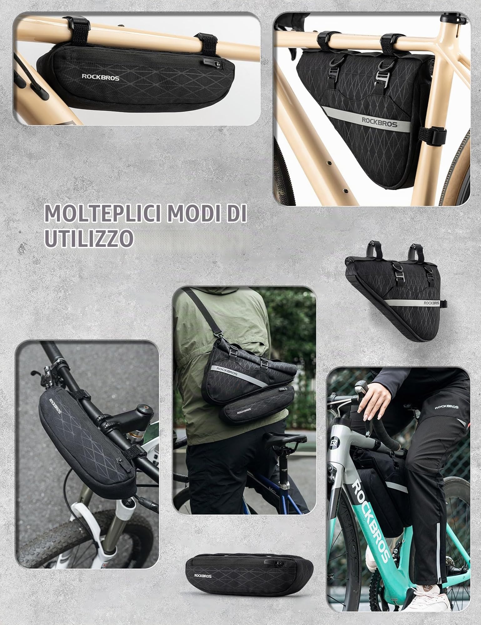 ROCKBROS 2 in 1 Borsa da Telaio Triangolo, Borsa Telaio Bici, Borsa Manubrio Bicicletta, Borsa Set Ergonomica, Borsa Riflettente, Adatto per MTB Bici da Strada E-bike, Grande Capacità 1.3 L+0.7 L