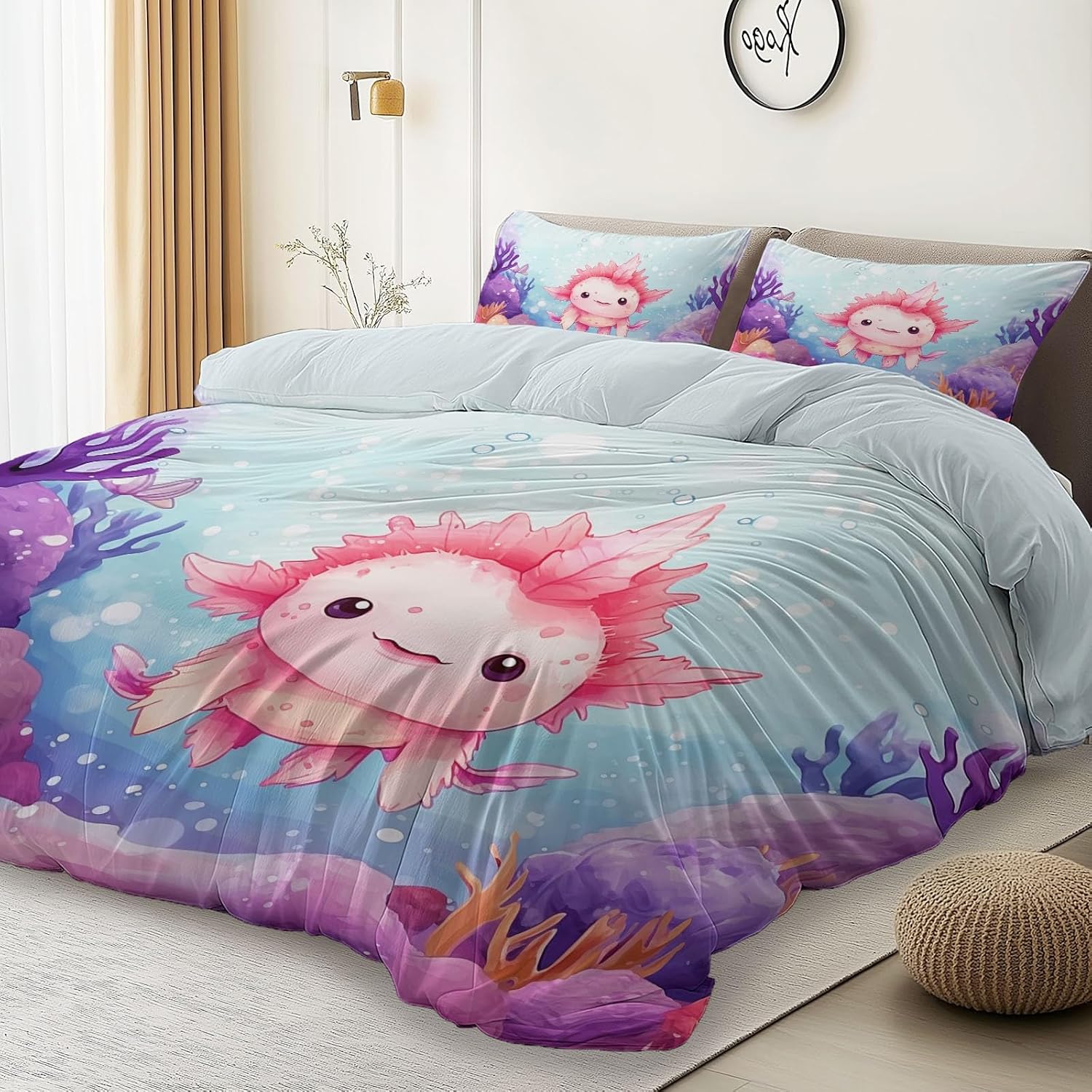 White Duvet Cover Set for Kids Boys Girls - Single Size Decorative Quilt Cover, Cartoon Jellyfish Coral Salamander Bedding Set Lightweight Microfiber Comforter Cover with 2 Pillow Shams