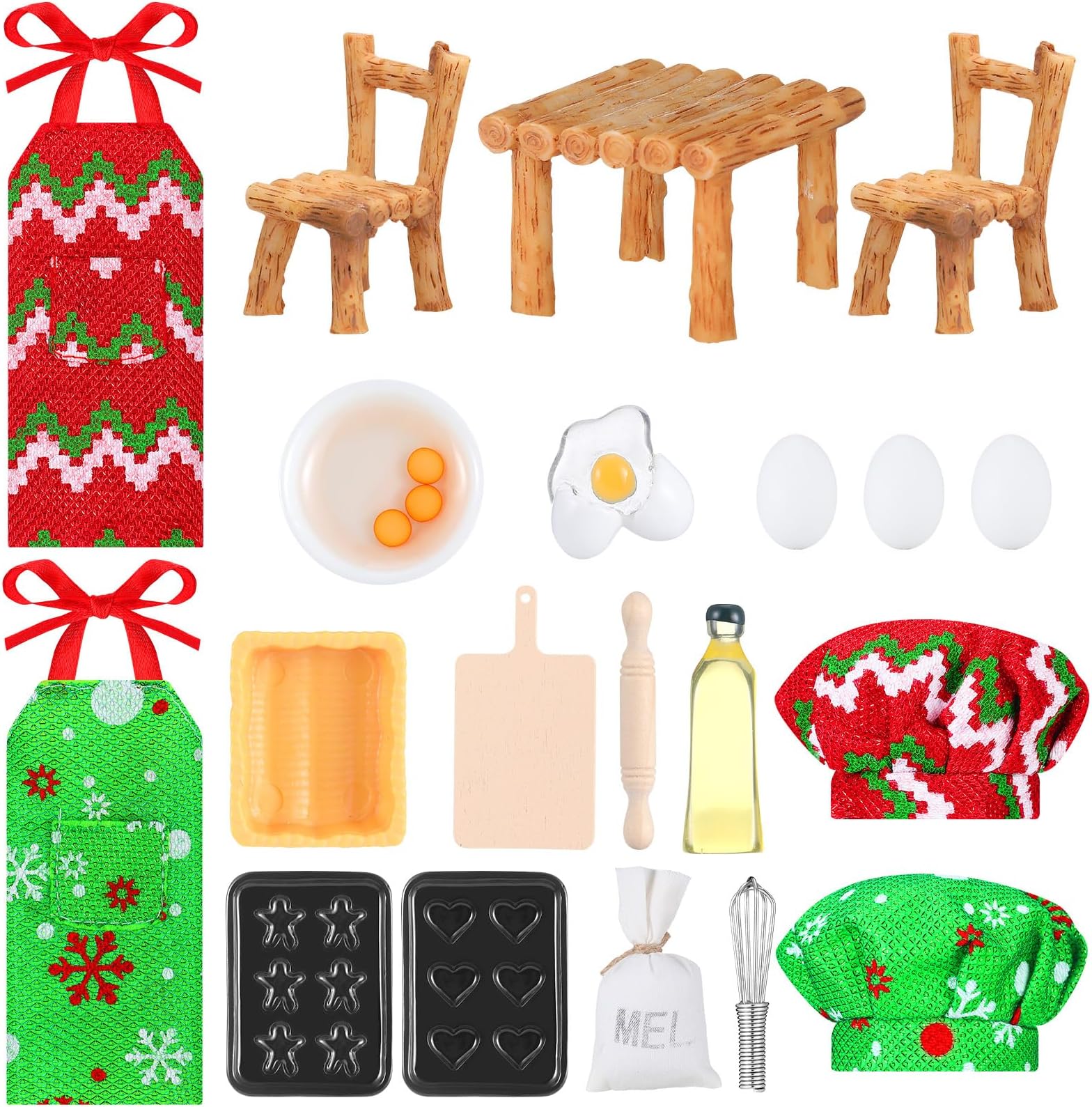 Liliful 23 Pieces Christmas Elf Doll Accessories Set Include Miniature Baker Outfit Apron Chef Hats Rolling Pin Whisk Eggs Cookie Tray Mixing Bowl Cutting Board for Xmas Dollhouse, Doll Not Included
