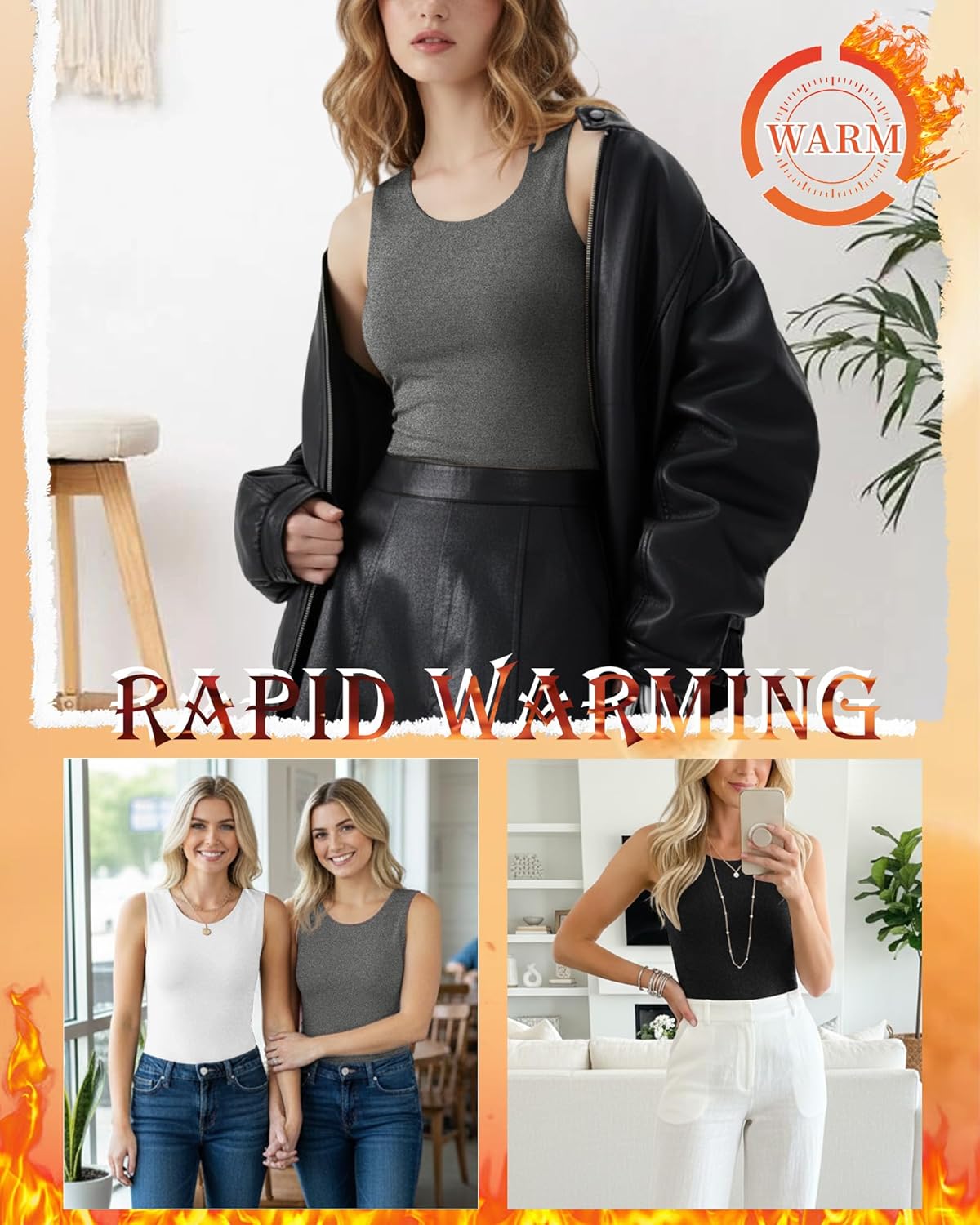 3 Pack Women's Thermal Tank Tops Frayed Fleece Underwear Tops Sleeveless Undershirt Camisole Warm Base Layer Vest(Black, White, Gray,Large) - Image 2