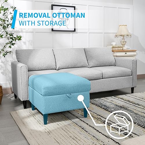 Miniatura 4 de Mjkone Sofá modular de 78 pulgadas con otomano de almacenamiento, sofá tapizado convertible de 3 asientos, moderno juego de sofá de tela de lino