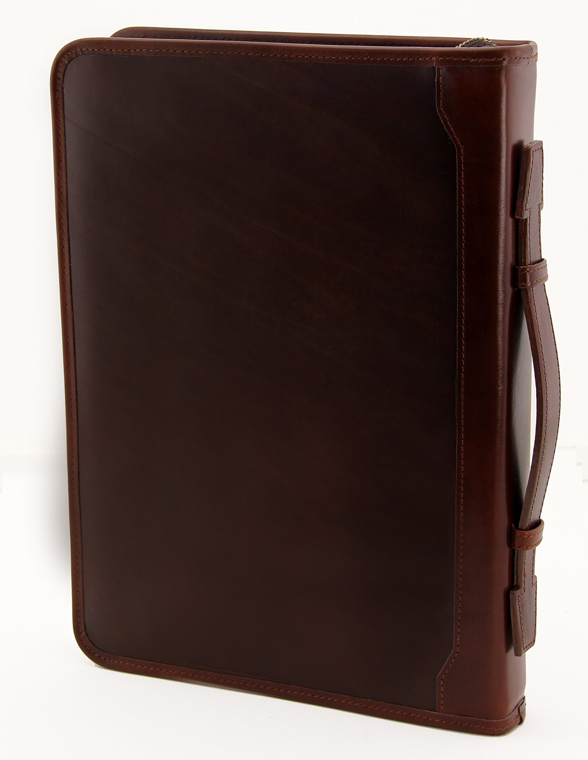 Pelle italiana portafoglio, con zip, formato A4, 4 Padfolio raccoglitore ad anelli, in pelle Folio con manico Marrone