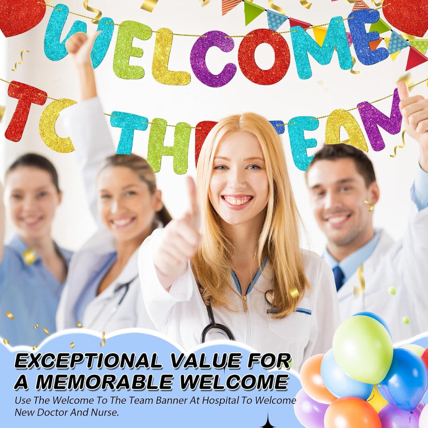 Pre Strung Welcome to The Team Banner with Two Heart Signs, NO DIY, Glitter Welcome Party Supplies for New Employee, Coworker, Colleague, Staff, Team Member Office Decorations (Colorful) — view 6