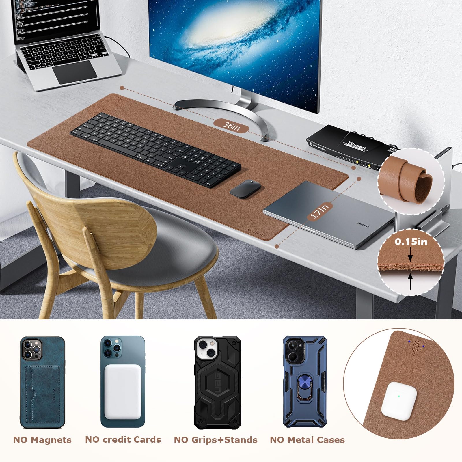 Tappetino per mouse con ricarica wireless 2 in 1, multifunzione, in pelle, con base in gomma antiscivolo, tappetino da scrivania impermeabile per computer, ufficio, lavoro, casa, decorazione