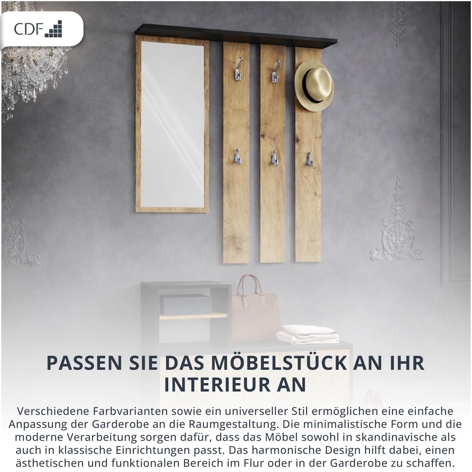 CDF Garderobe-Set Flurmöbel mit Spiegel und Schuhschrank 85x24x180 cm Anthrazit/Eiche Artisan