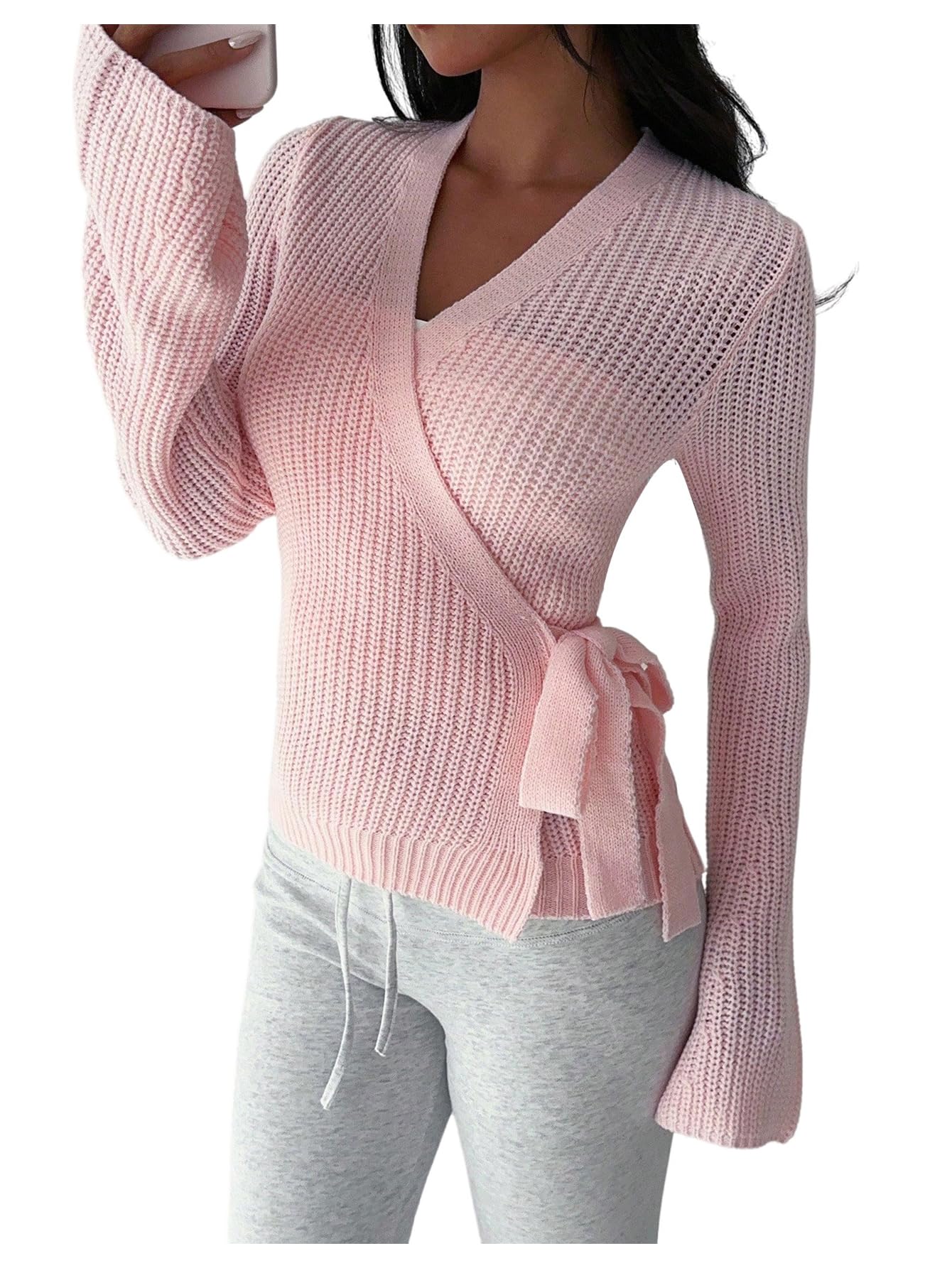 MakeMeChic Womens Wrap V Neck Cardigan Tie Side Long Sleeve Knitted Sweater