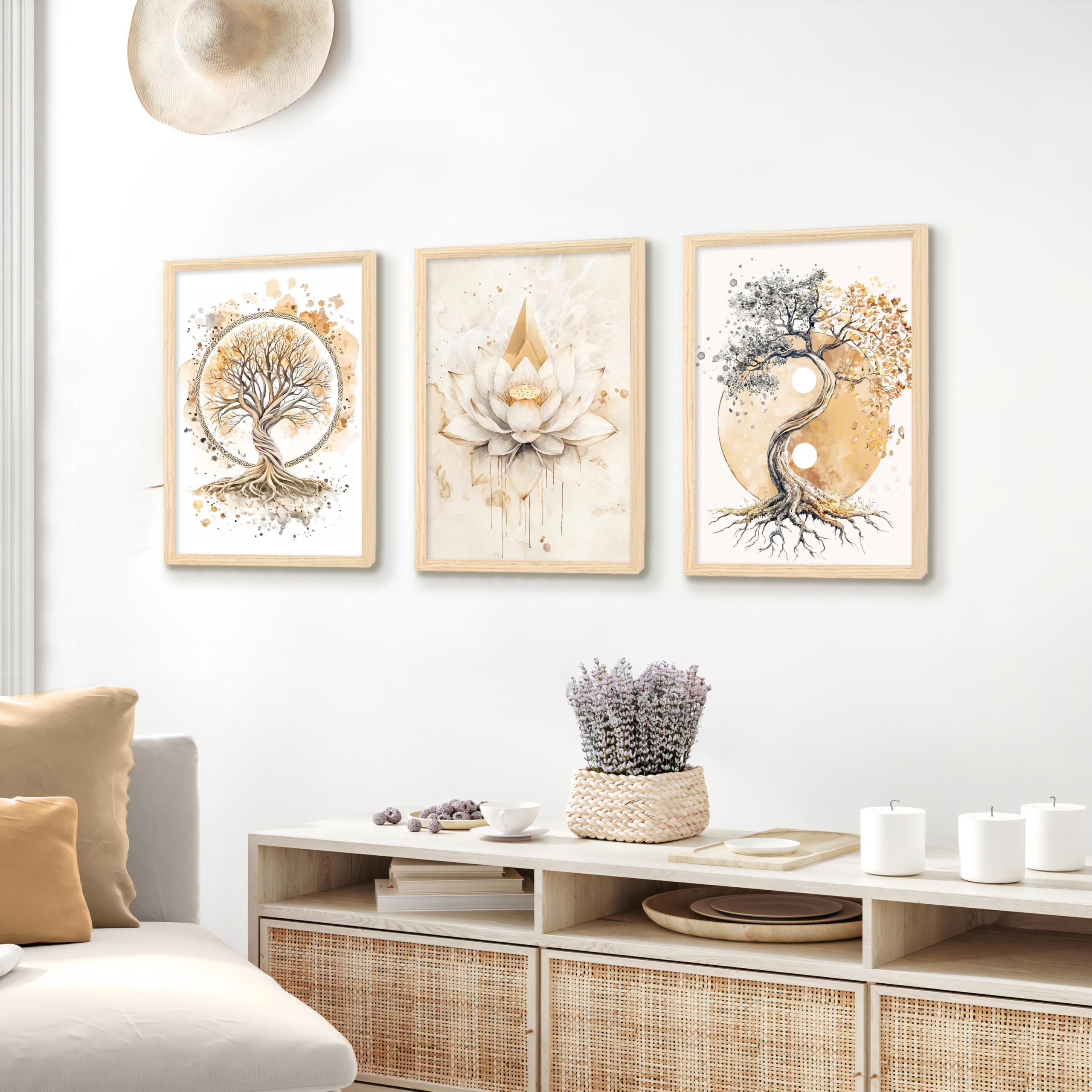 3 Pcs Wooden Framed Canvas Wall Art Set Bohemian Sage Green Canvas Prints Poster Geometric Line Beige Green Pictures for Living Room Bedroom Dinning Room Hallway Stairs Wall Decor 30x40cm x3pcs — view 223