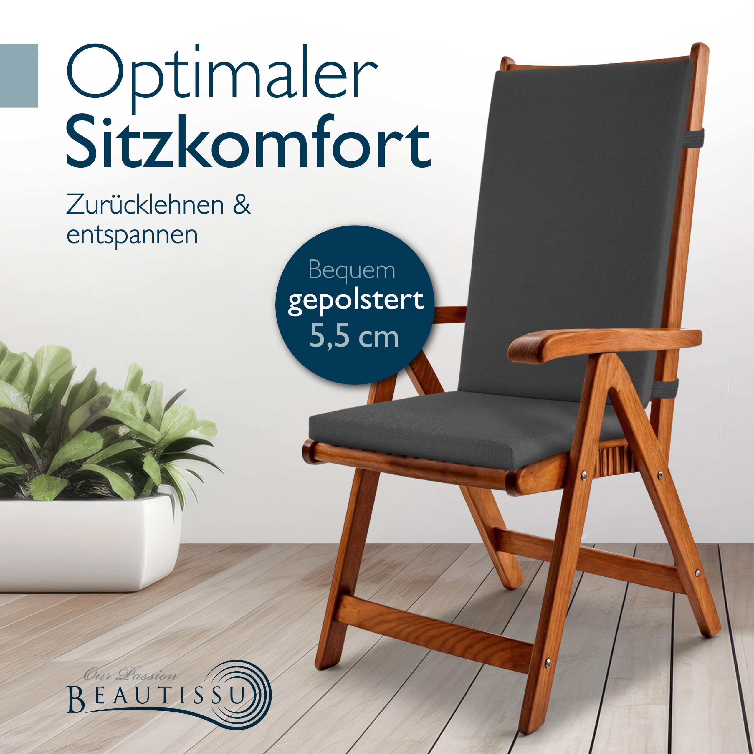 Beautissu 4er Set Premium Hochlehner Auflage 100% Wasserdicht Pflegeleicht | 120x50cm Anthrazit UV-beständig Bequem Waschbar Sitzkissen Gartenstuhl Polsterauflage Gartenmöbel Stuhlauflage Quick Dry