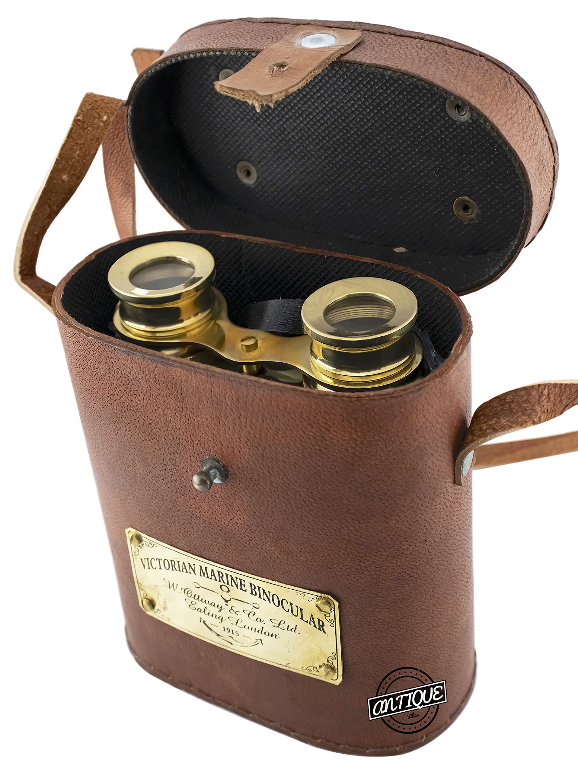 Jumelles vintage marines en verre avec étui en cuir, belle finition chromée