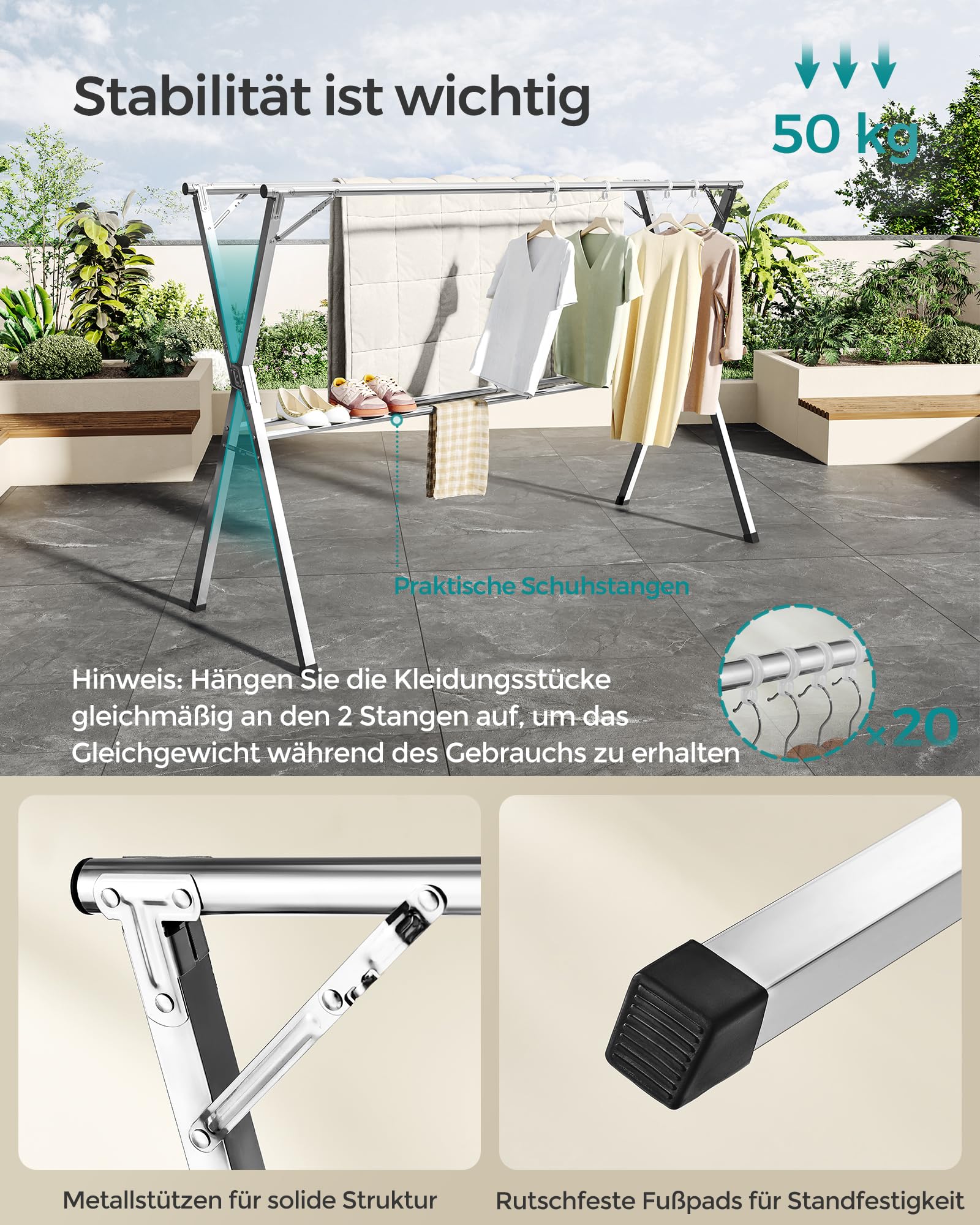 SONGMICS Wäscheständer, Standtrockner, 133-200 cm ausziehbar, zusammenklappbar, freistehend, für Innen- und Außenbereich, Taubengrau LLR902E01