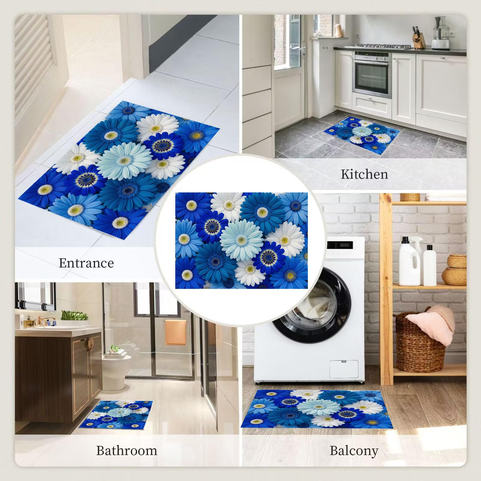 Zerbino Ingresso Interno Gerbera Con Sfumatura Realistica, Zerbino Di Benvenuto Lavabile Morbida Piante Fresche, Antiscivolo Tappeto Da Decorazioni Blu Per Casa Porta, 60X90Cm