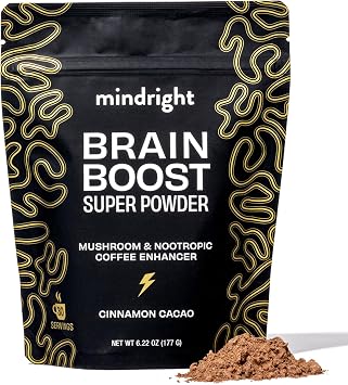 mindright Brain Boost Mushroom Coffee Enhancer - Superfood Blend w/Mushroom - Lions Mane, Coffee Fruit Extract, Rhodiola, Cordyceps, Cacao - Caffeine Free No Sugar 30 Servings