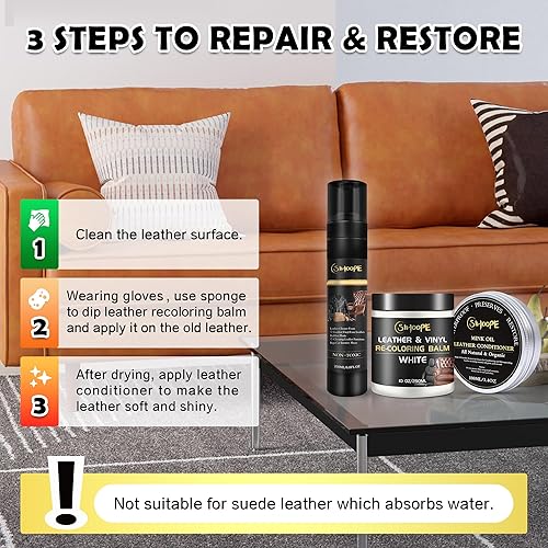 Miniatura 3 de SIHOOPE Kit de reparación de cuero-blanco-recolorante-bálsamo-limpiador-acondicionador-crema-tinte-aceite para coche-muebles-sofá-zapatos-cuero