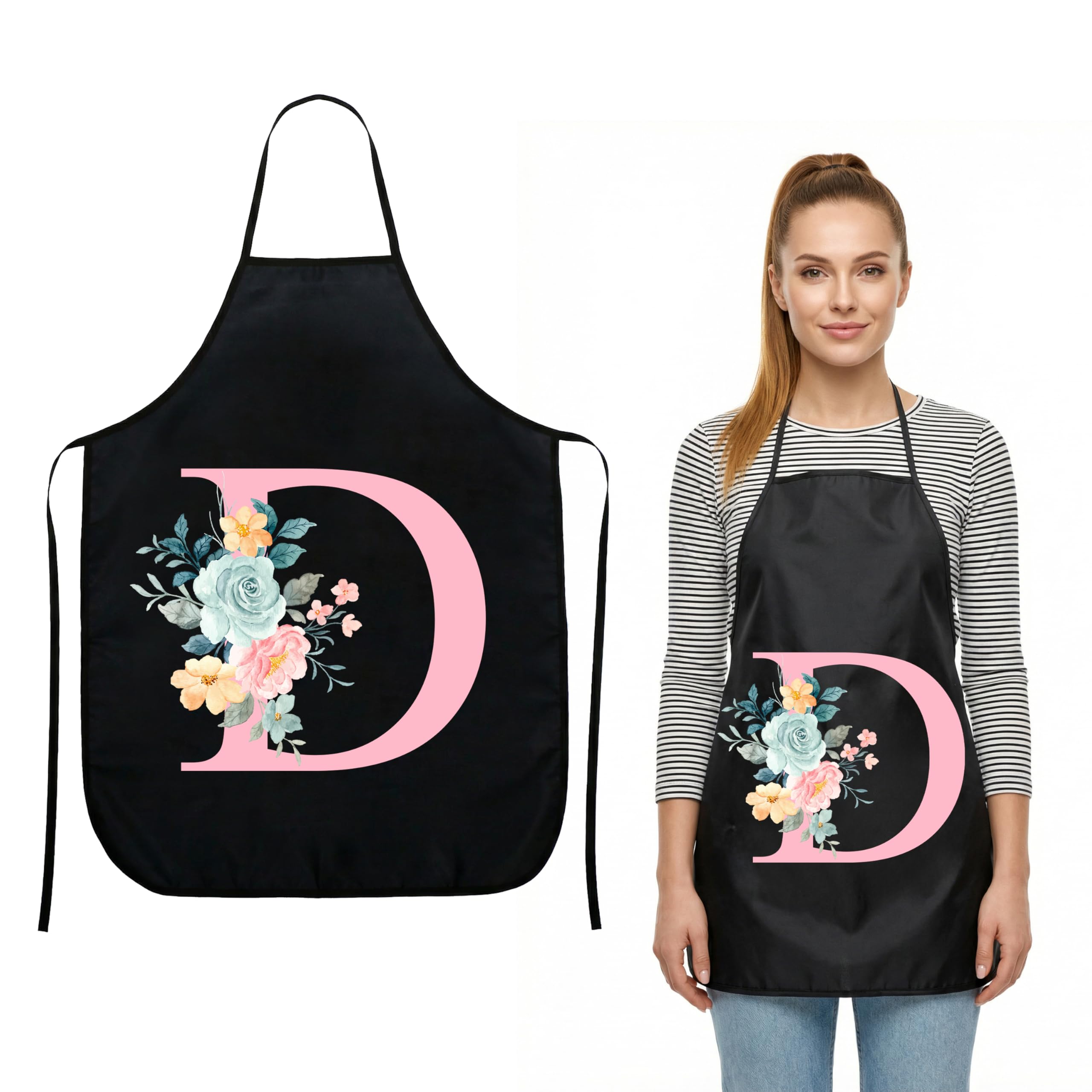 JEKUGOT Kitchen Apron for Women Waterproof Cooking Apron with Floral Letter Design, Adjustable Waist Tie BBQ Baking Gardening Birthday Gifts for Women (Black D)