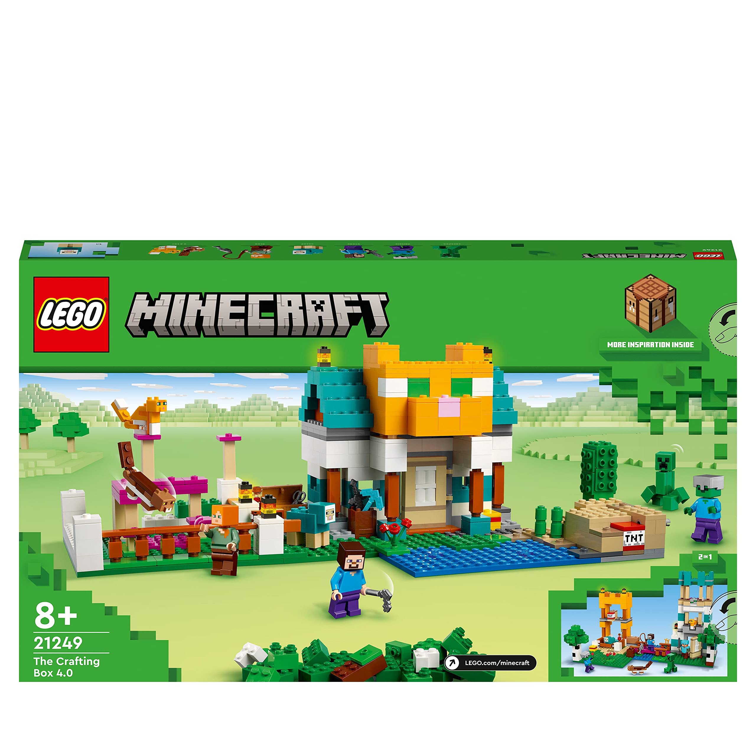 LEGO Minecraft Crafting Box 4.0, Playset 2in1, Torri Fluviali o Cottage del Gatto con le Figure di Alex, Steve, Creeper e Zombie Giocattolo, Giochi per Bambini e Bambine da 8 Anni, Idee Regalo 21249