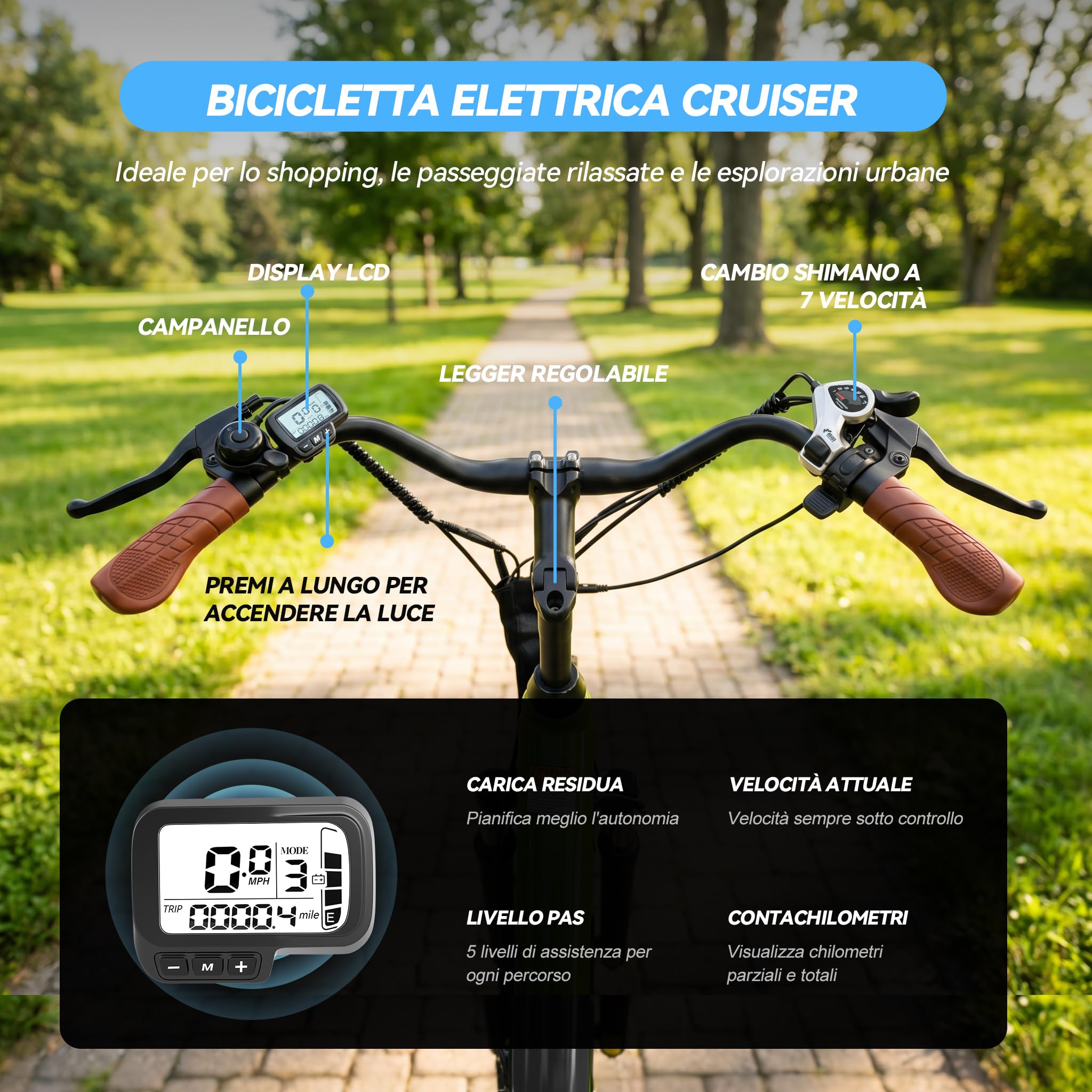 ESKUTE C100 Plus Bici Elettrica, 26 Pollici Bicicletta Elettrica, Motore 250W, Batteria Rimovibile 36V 13Ah, Velocità Massima di 25 km/h, 7 Velocità, Display LCD, E-bike per Adulti