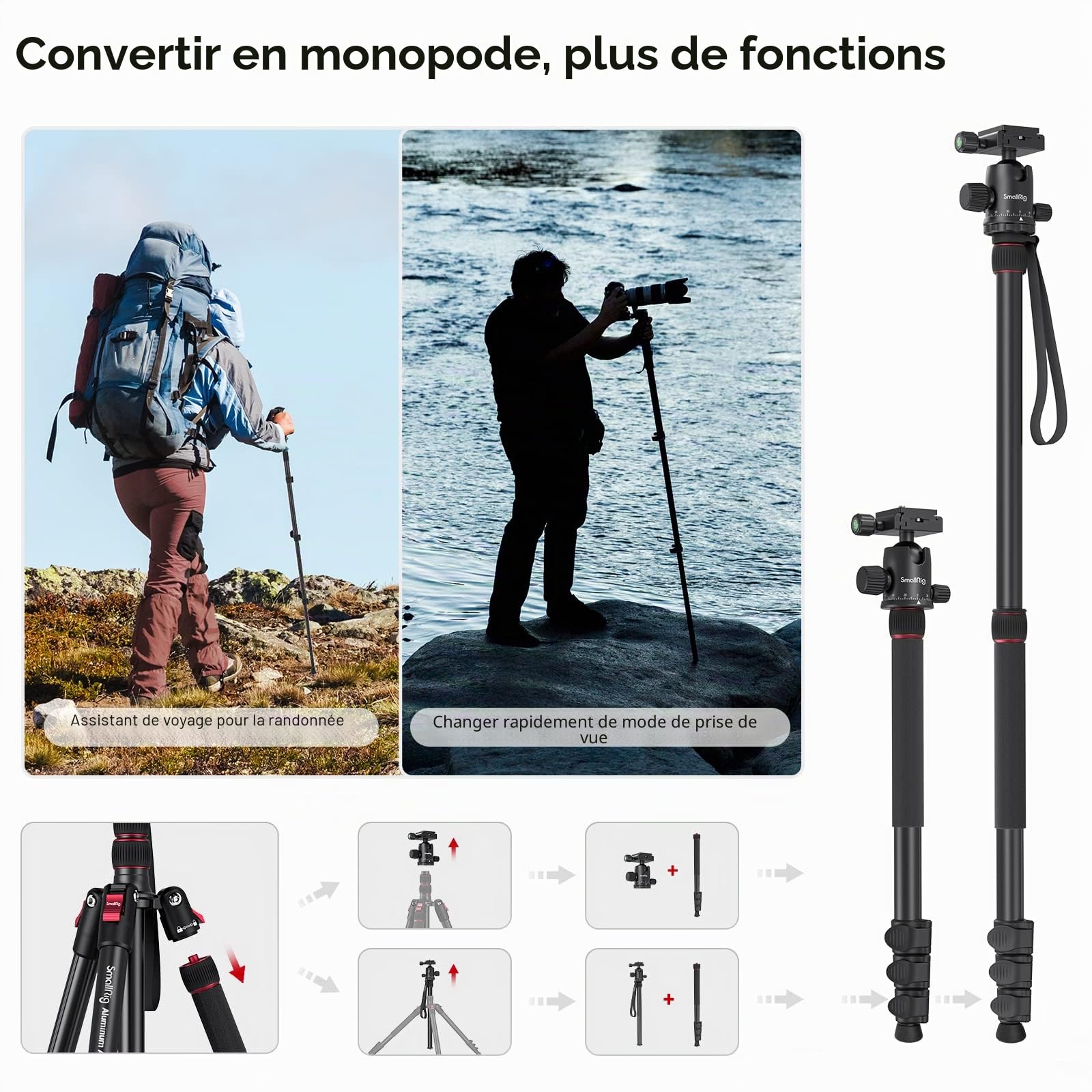 SMALLRIG CT-20 Trépied d'Appareil Photo en Aluminium Léger de 78" (198 cm), Trépied DSLR Pliable pour Le Voyage, Charge Utile Max. 33 LB (15 kg), Hauteur Réglable de 18,5" à 78" (47-198 cm) - 3474C