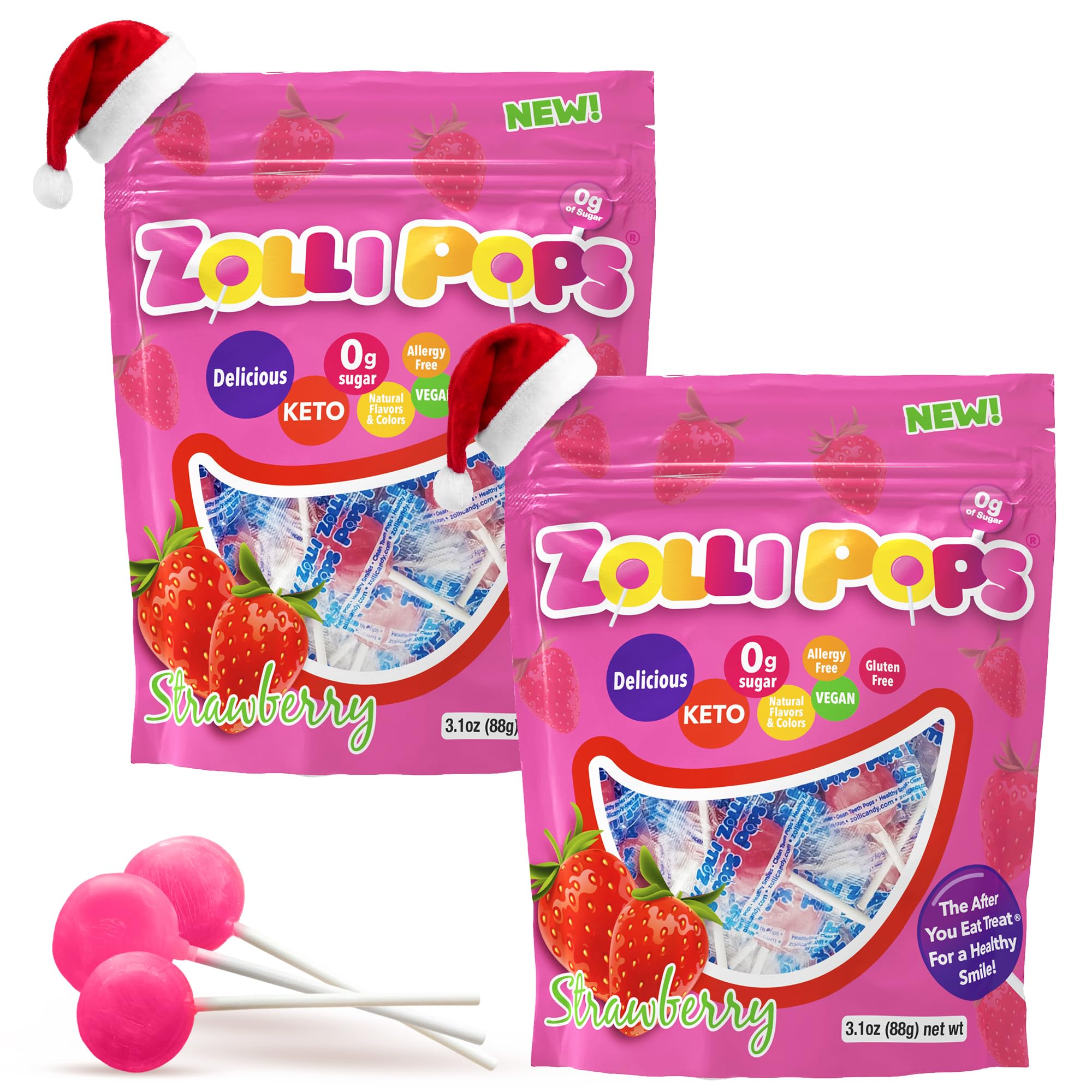 Zollipops Clean Teeth Pops Sugar Free Candy with Xylitol, Dye-Free Lollipops - Keto & Diabetic-Friendly, Dentist-Approved Treats for Kids (Strawberry 3.1 oz, Pack of 2)