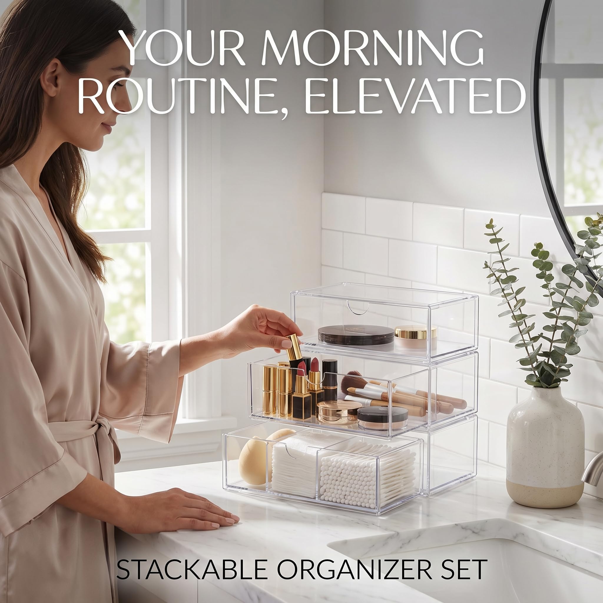 ALINK Badezimmer Organizer Mini mit Schubladen 3 Set, aus Acrylic stapelbar Transparent,für Kommode Waschtisch Badezimmer Spiegelschrank innen