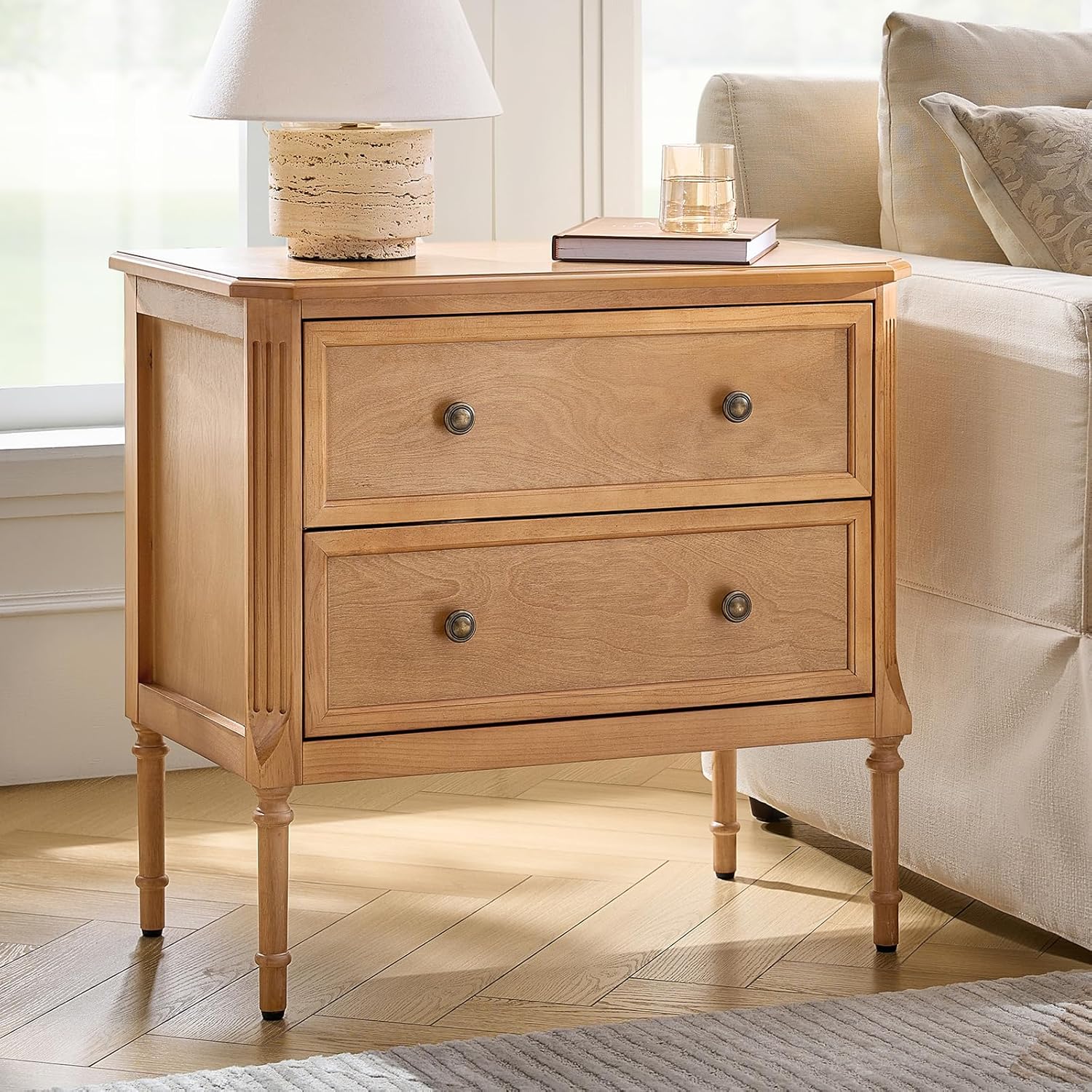 HULALA HOME Solid Wood End Table with Charging Station, Mid-Century Modern End Table with 2 Drawer, Adjustable Solid Wood Feet, Easy Assembly, Teak