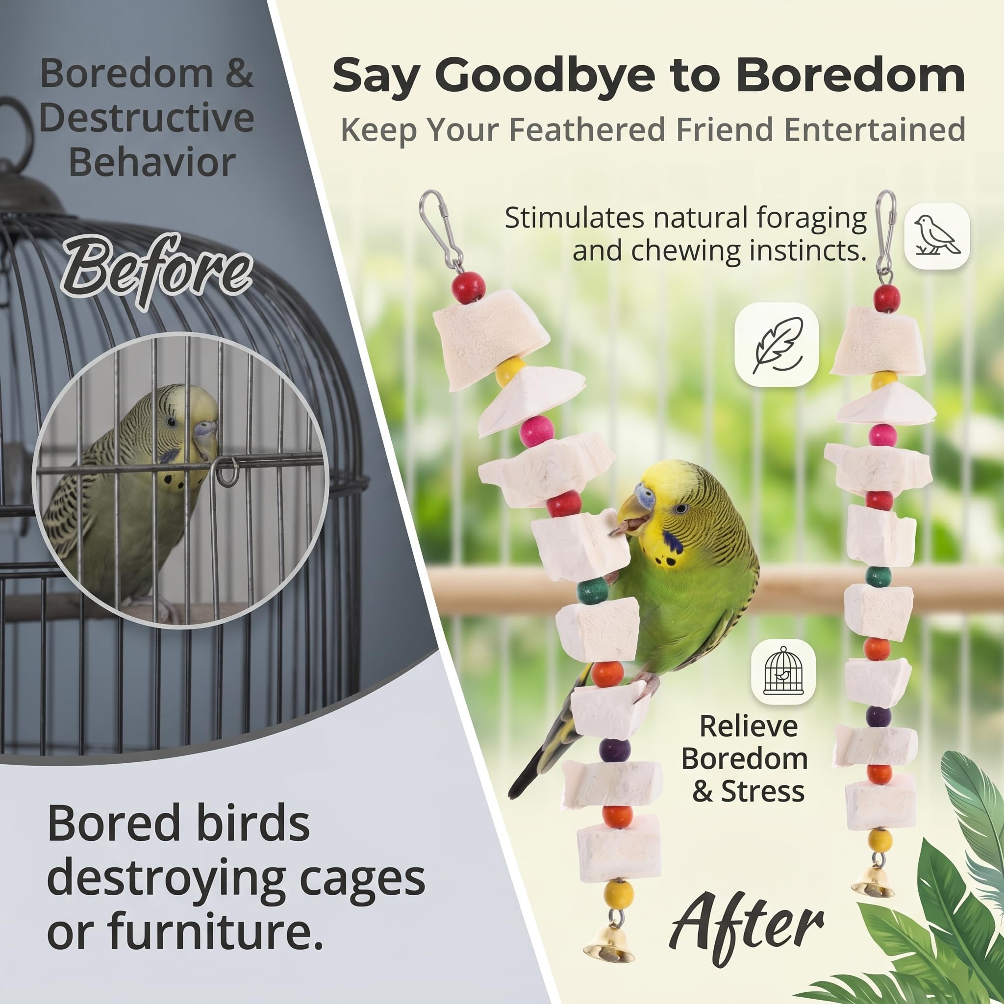 Lot de 2 Jouets pour Oiseaux avec Os de Seiche, Os de Seiche Oiseaux pour Perruches, Accessoire pour Cage à Oiseaux avec Crochet, Jouet Perroquet pour Perruches, Calopsittes et Inséparables