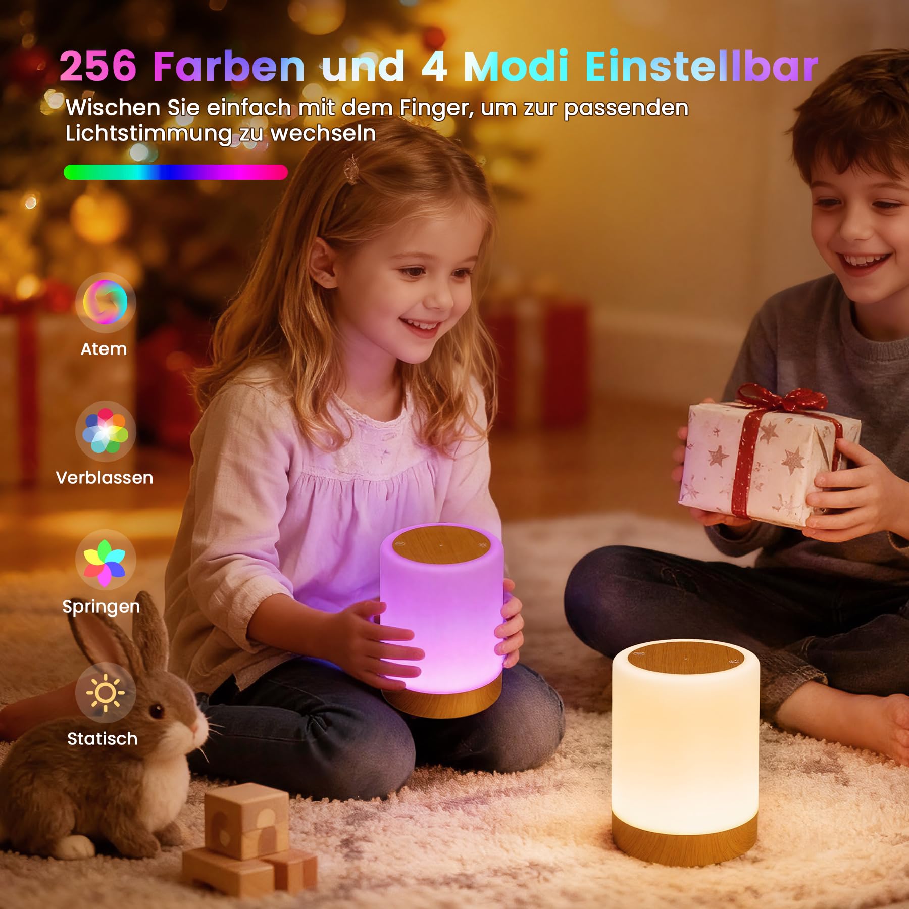 Nachttafellamp touch dimbaar, 5 modi & 256 RGB kleurverandering, warm LED nachtlampje kinderen, USB oplaadbaar voedingslamp touch lamp met timerfunctie, tafellamp draadloos voor slaapkamer woonkamer