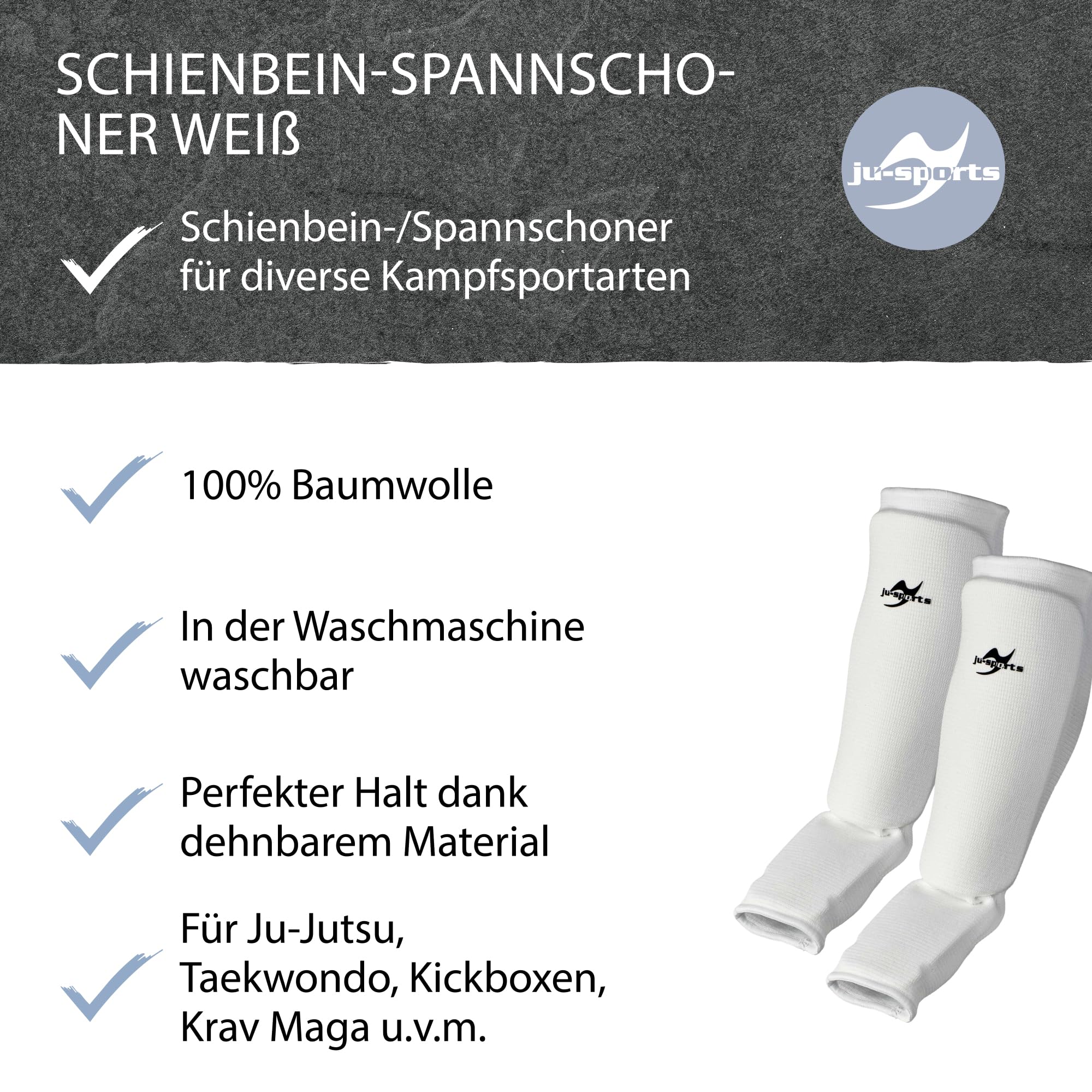 Ju-Sports - Spann Schienbeinschoner, weiß, Baumwolle I Schoner für viele Kampfsportarten I Dehn- & waschbarer Spannschoner & Schienbeinschutz