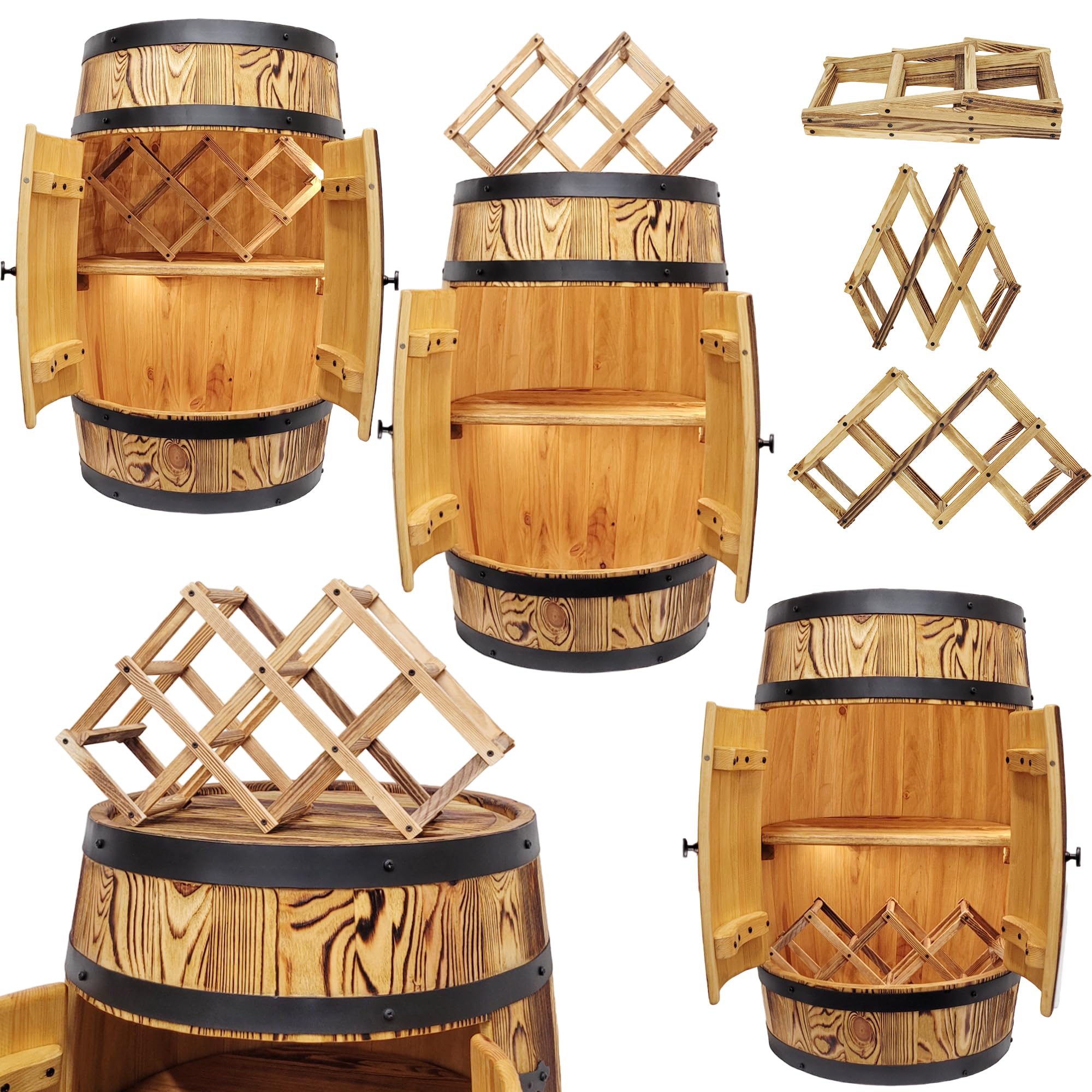 weeco Tonneau Bar en Bois avec Porte, Casier à Vin, LED – Meuble Bar Rustique en Fût avec Étagères – Armoire à Alcool, Bar à Bouteille – 82x52cm, Chêne Brûlé