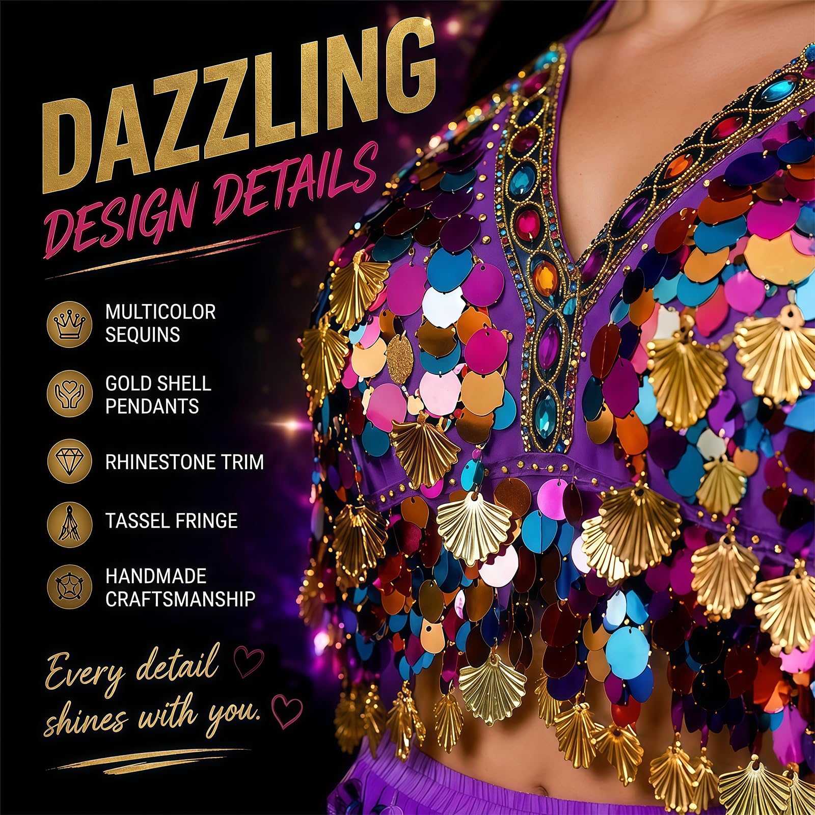 Baisdan Women's Belly Dance Sequin Halter Top with Gold Shell Tassels, Festival Outfit for Rave Carnivals - Image 5