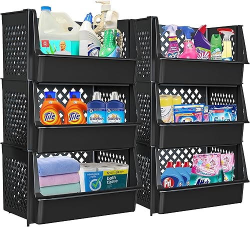 Skywin Contenedores apilables de plástico grandes para despensa, paquete de 6, contenedores apilables para organizar alimentos, cocina y artículos