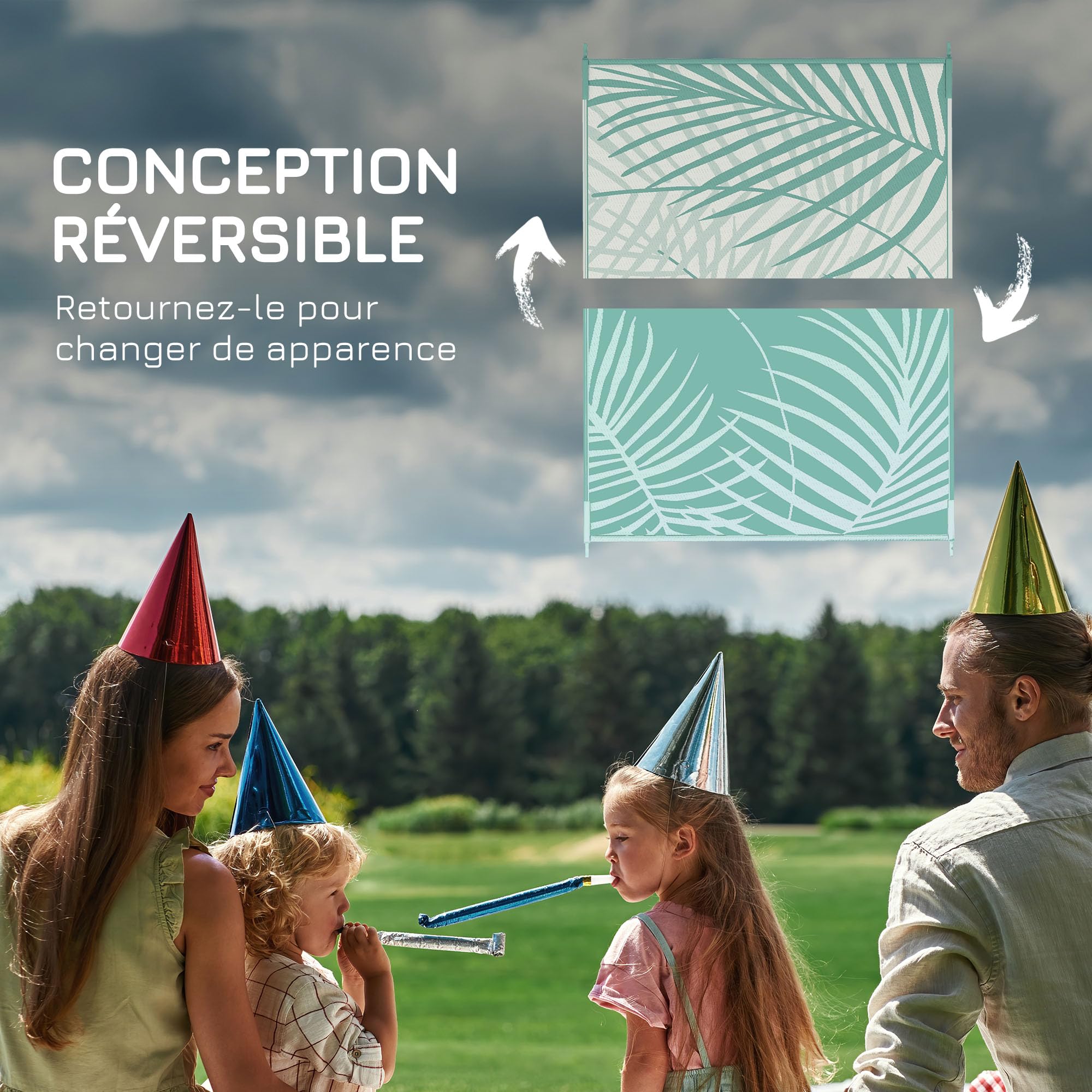 Outsunny Tapis de Jardin Tapis d'extérieur réversible 365L x 274l cm imperméable Motif Feuillage avec Sac de Transport pour terrasse Balcon Camping, Vert crème