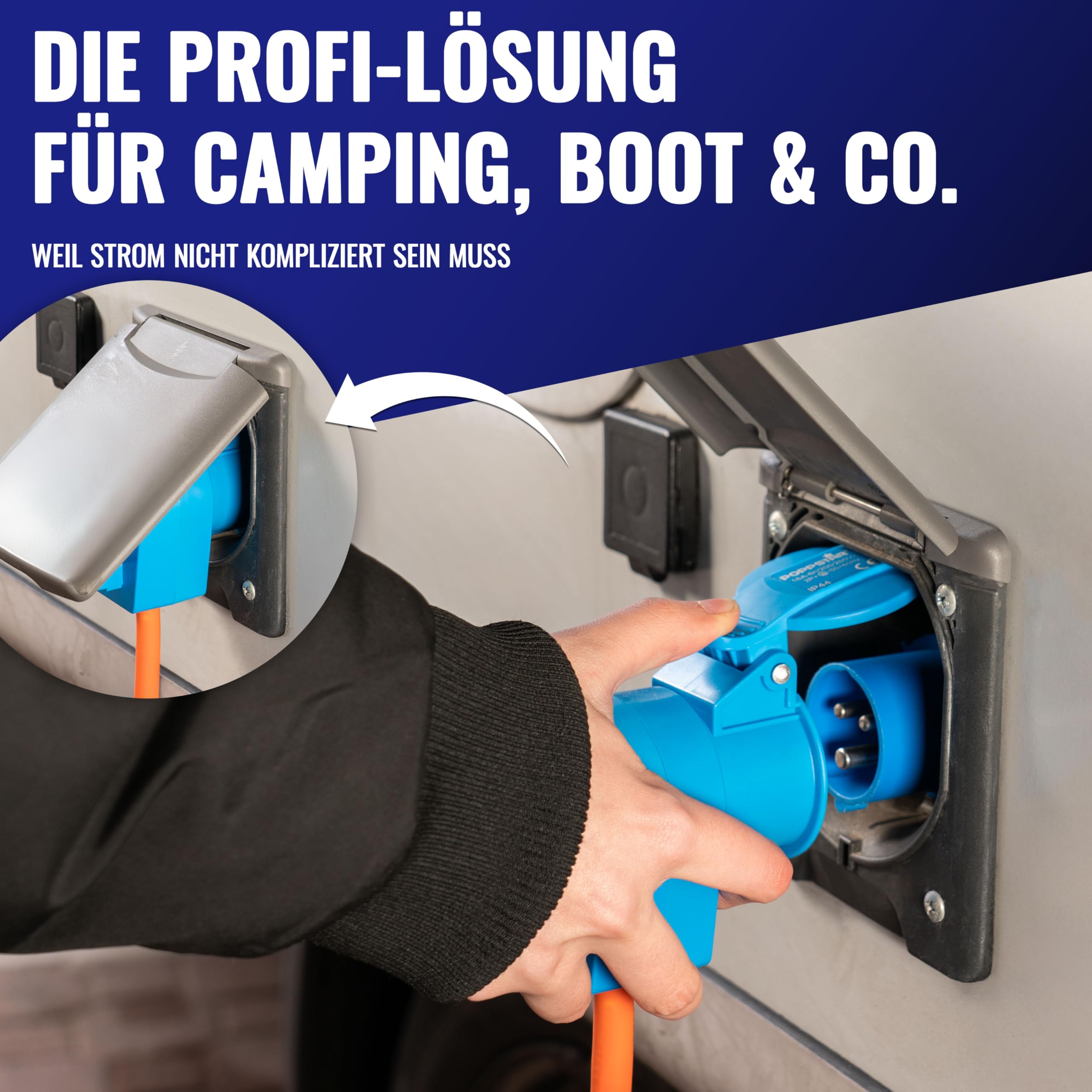 Poppstar Camping CEE Kabel 25m mit Schuko (CEE Stecker 3-polig auf CEE-Dose + Schutzkontakt-Steckdose Typ F), 230V/16A, IP44, H07RN-F 3G2.5