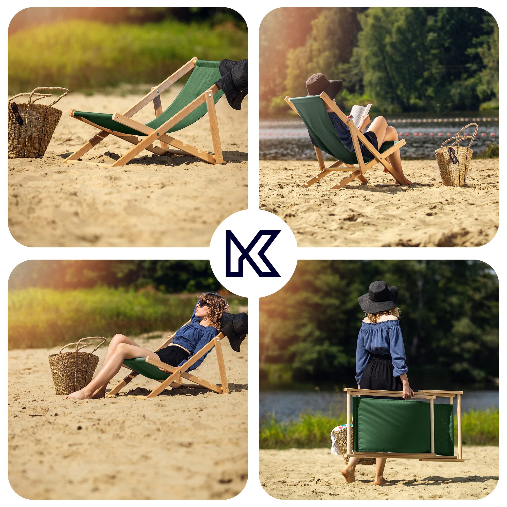 KADAX Liegestuhl, Strandstuhl aus Holz, Sonnenliege bis 120kg, Liege aus Buchenholz, Holzklappstühle, Strandliege, Klappliege für Strand, Holz-Liegestuhl (Dunkelgrün)