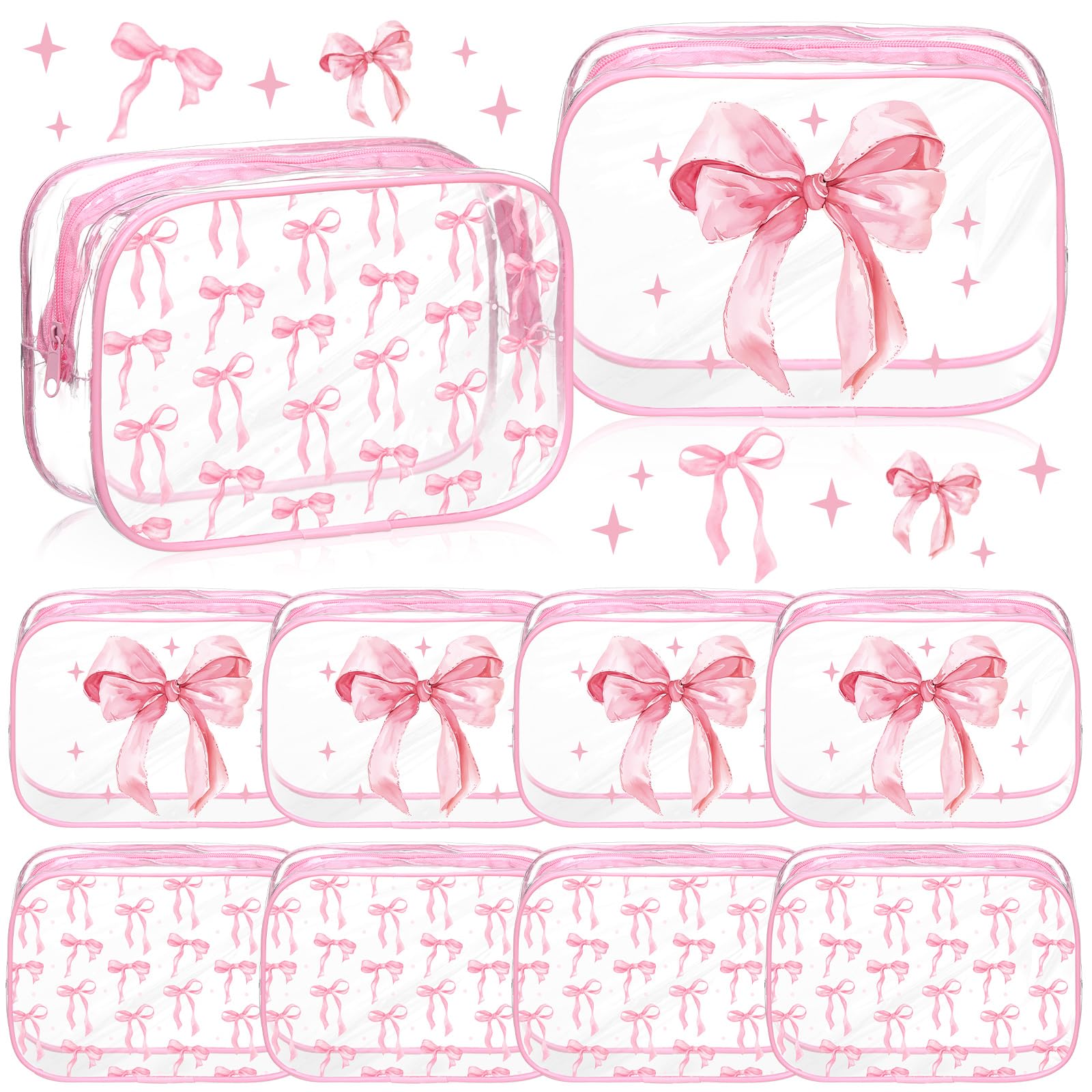 Kacctyen 10 Pcs Pink Bow Makeup Bags Bulk Gifts for Girl Women Birthday Party Favors Coquette Pastel Bow PVC Clear Cosmetic Bags Waterproof Travel