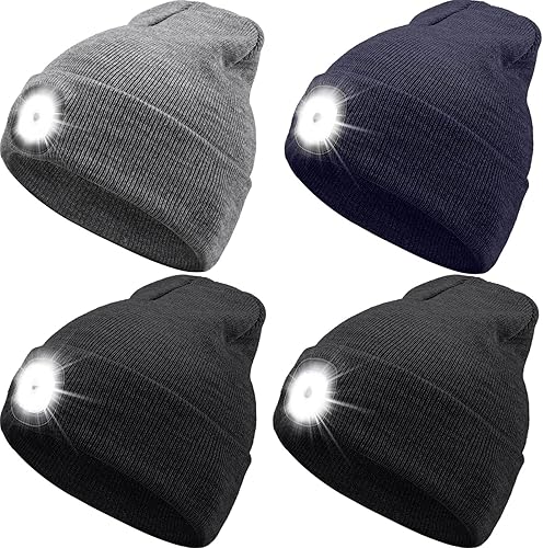 Zhanmai Paquete de 4 gorros con luz LED, recargable por USB, gorro de punto iluminado para invierno, regalos para hombres