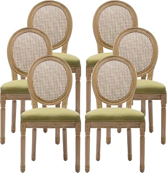 Olive Green French Country Dining Chairs Set of 6, Round Rattan Back