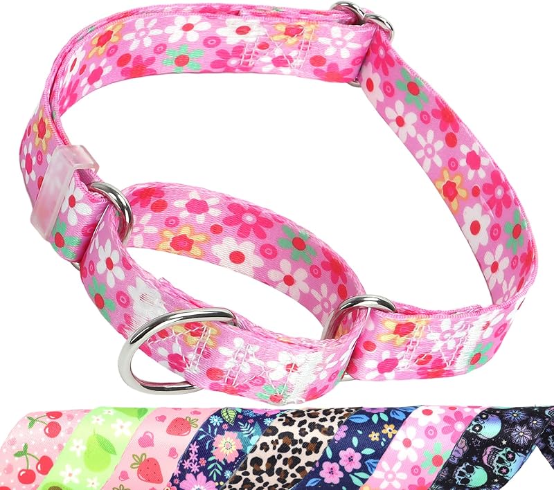 Coleira Martingale para Cães em Nylon Macio com Estampa Floral Rosa MAOWUWUJOZ – Tamanho M